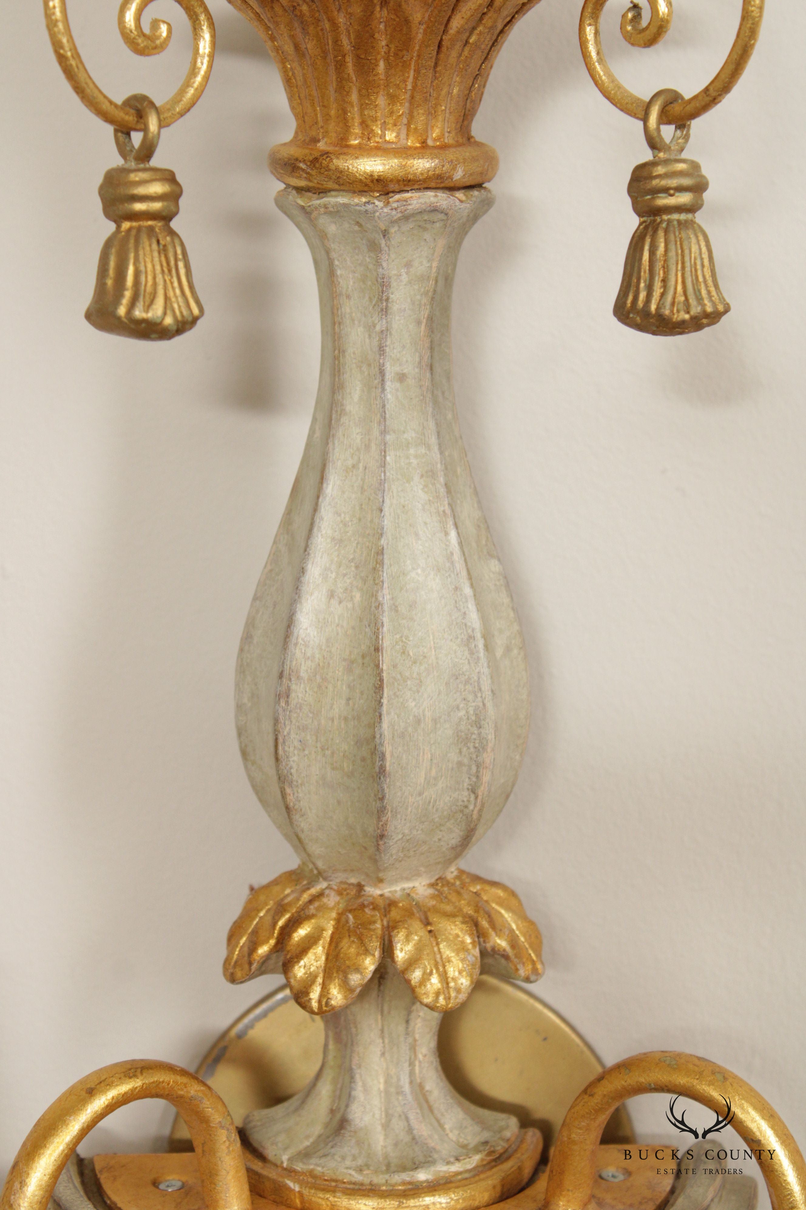 Italian Hollywood Regency Pair Parcel Gilt 2-Light Wall Sconces