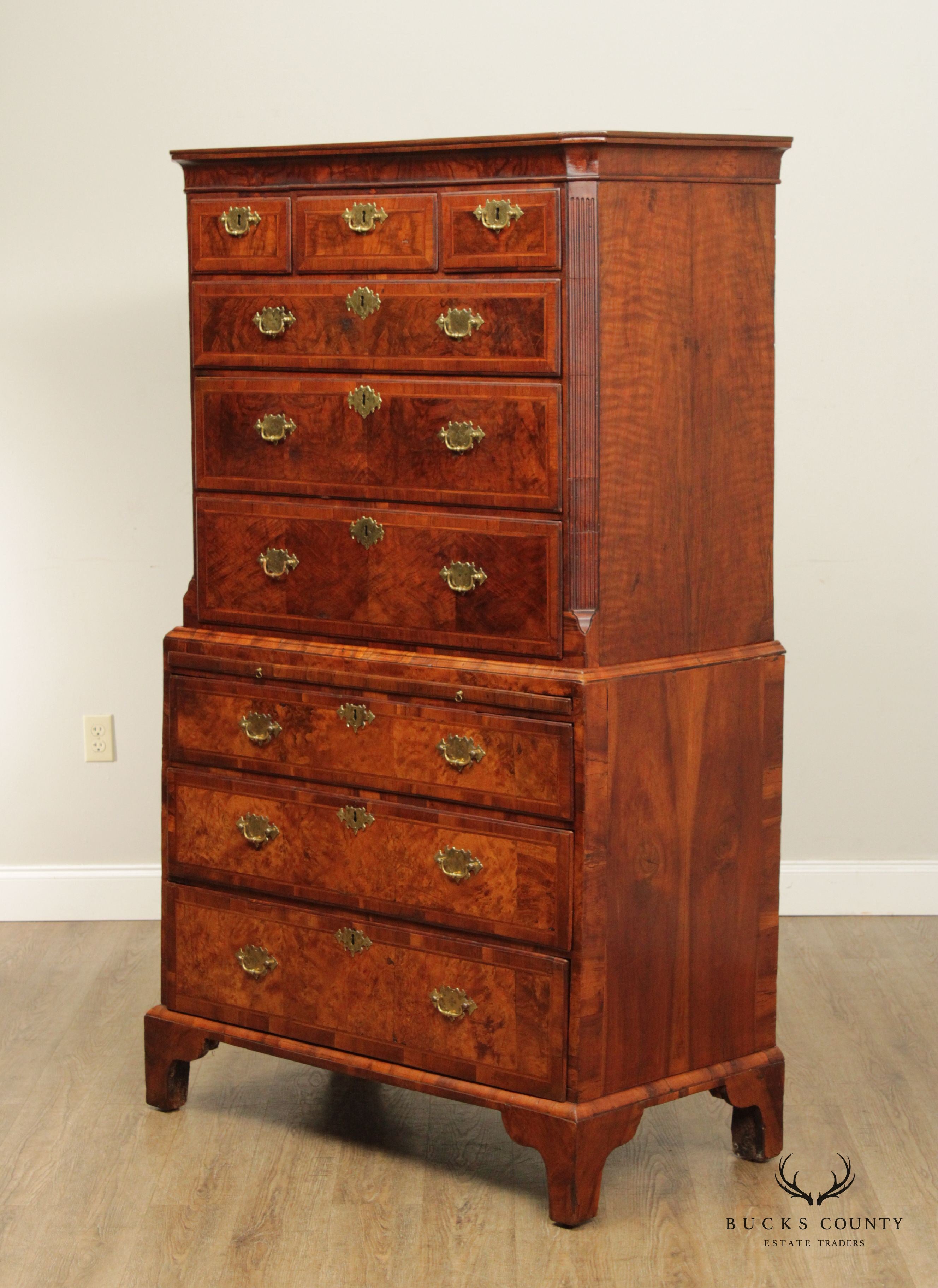 Antique 18th C. English George III Burl Wood Tallboy Chest On Chest