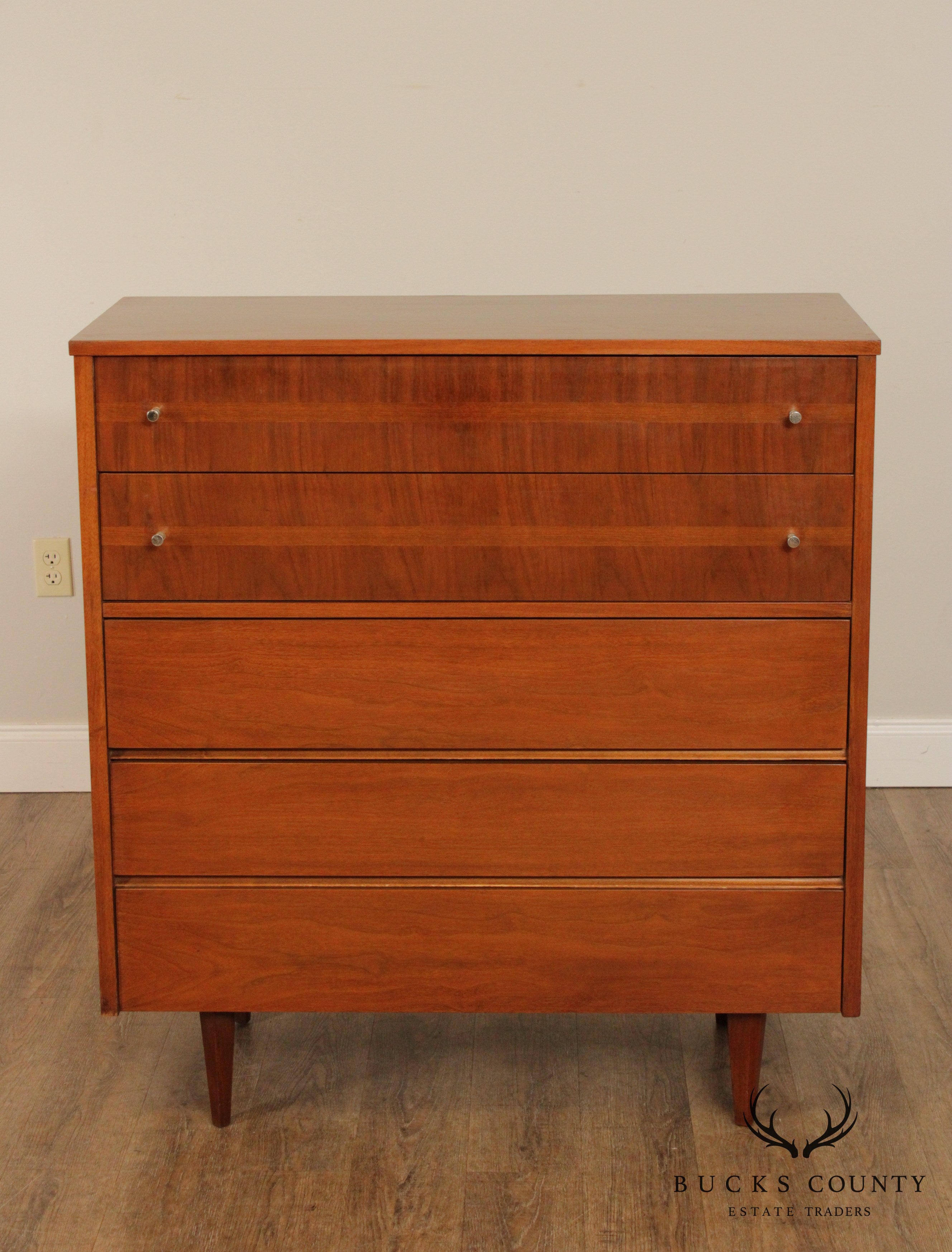 Mid Century Modern Vintage Walnut 5 Drawer Tall Chest