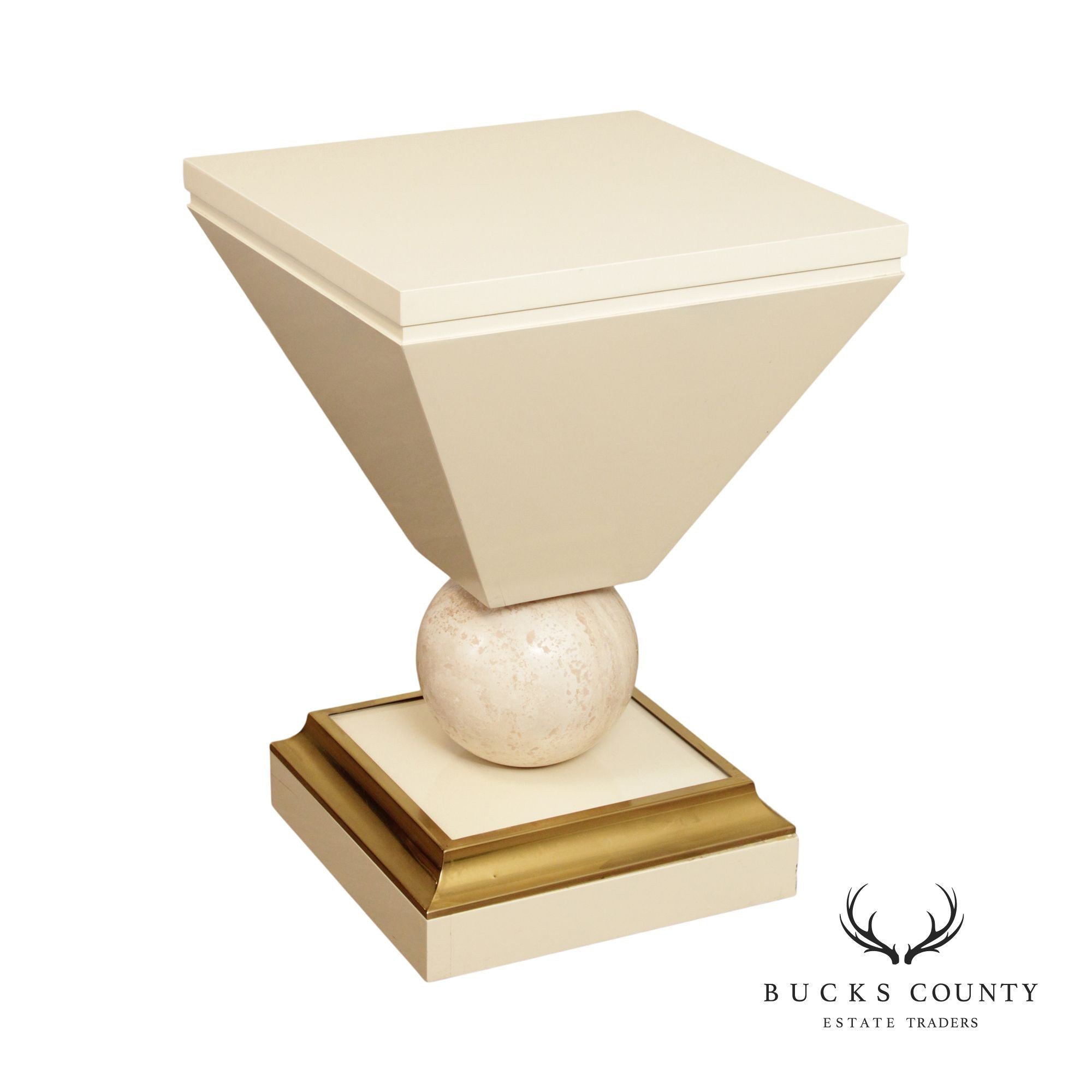 Post Modern Lacquered Pedestal Stand With Travertine Sphere