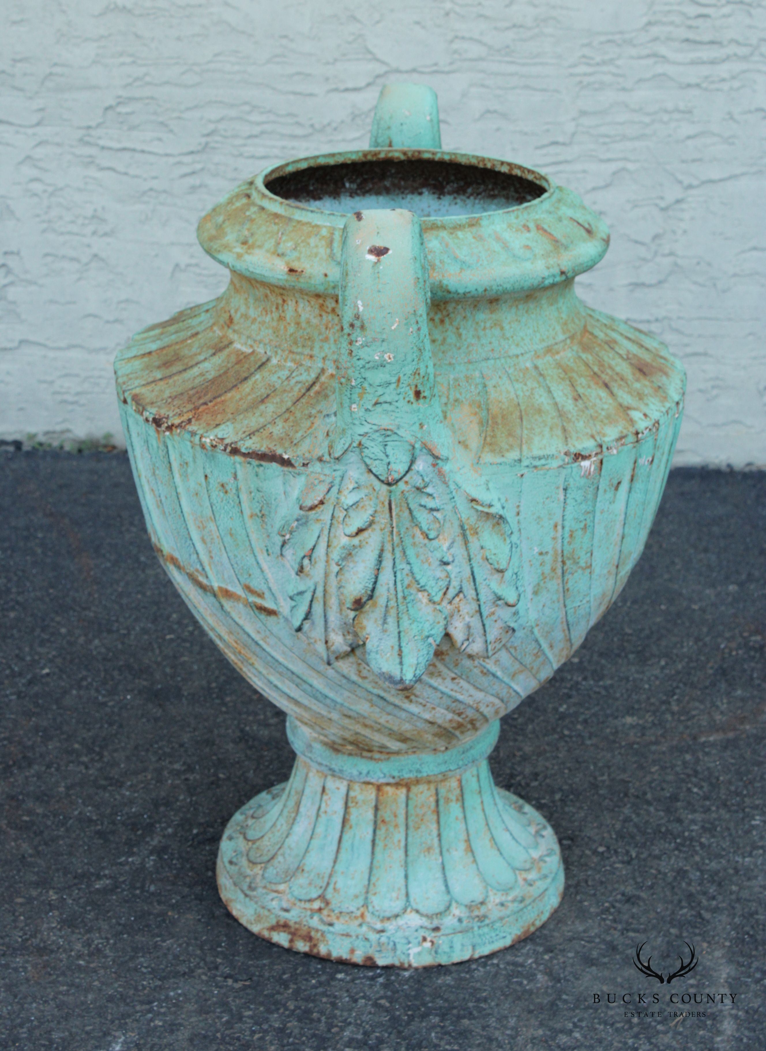 Neoclassical Style Large Pair Verdigris Cast Iron Urn Garden Planters