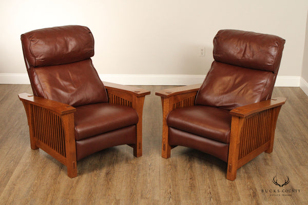Stickley Mission Collection Pair of Leather and Oak Spindle Morris Recliners