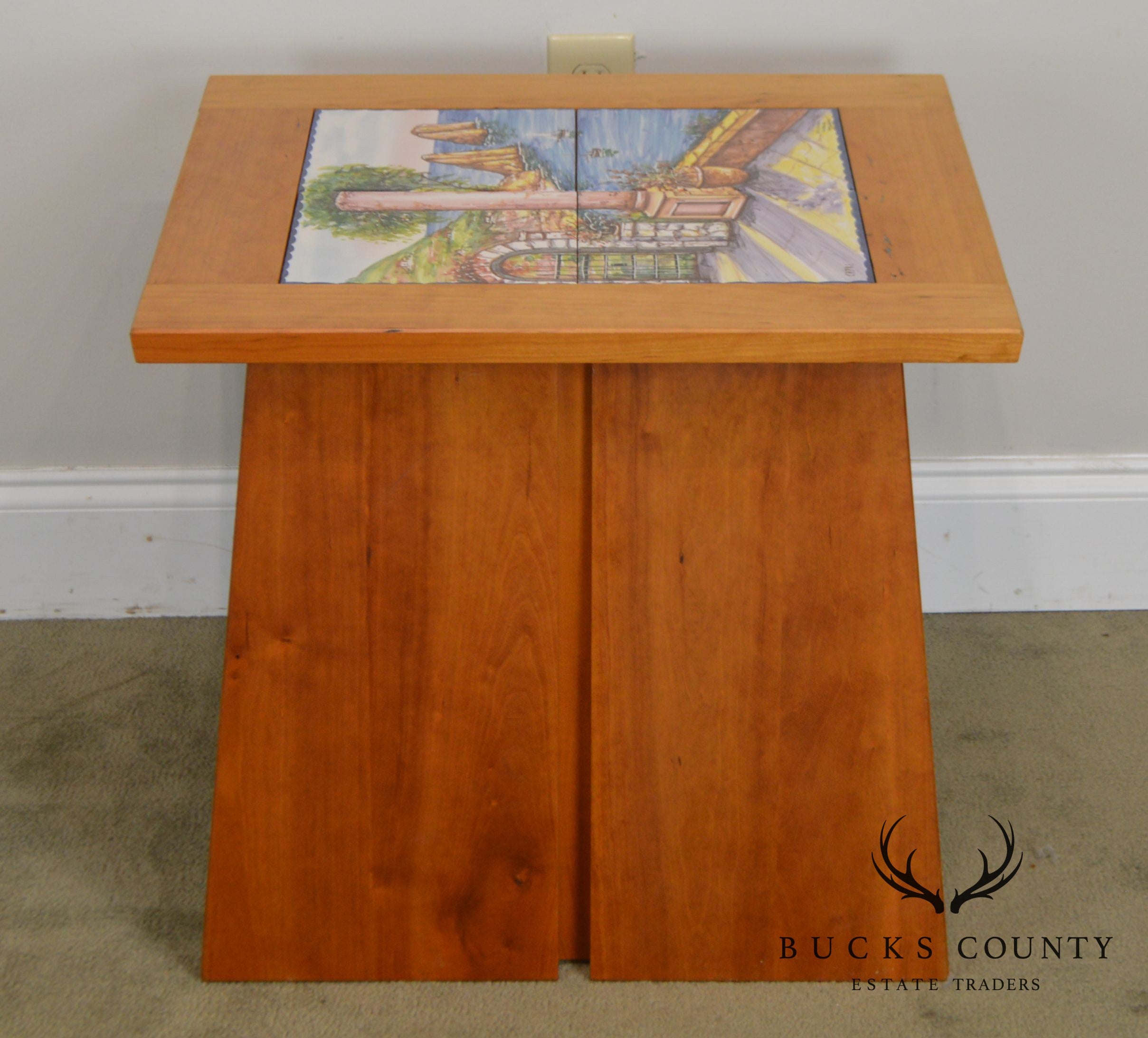 Studio Crafted Solid Cherry Square Side Tables W/ Hand Painted Italian Capri Tiles