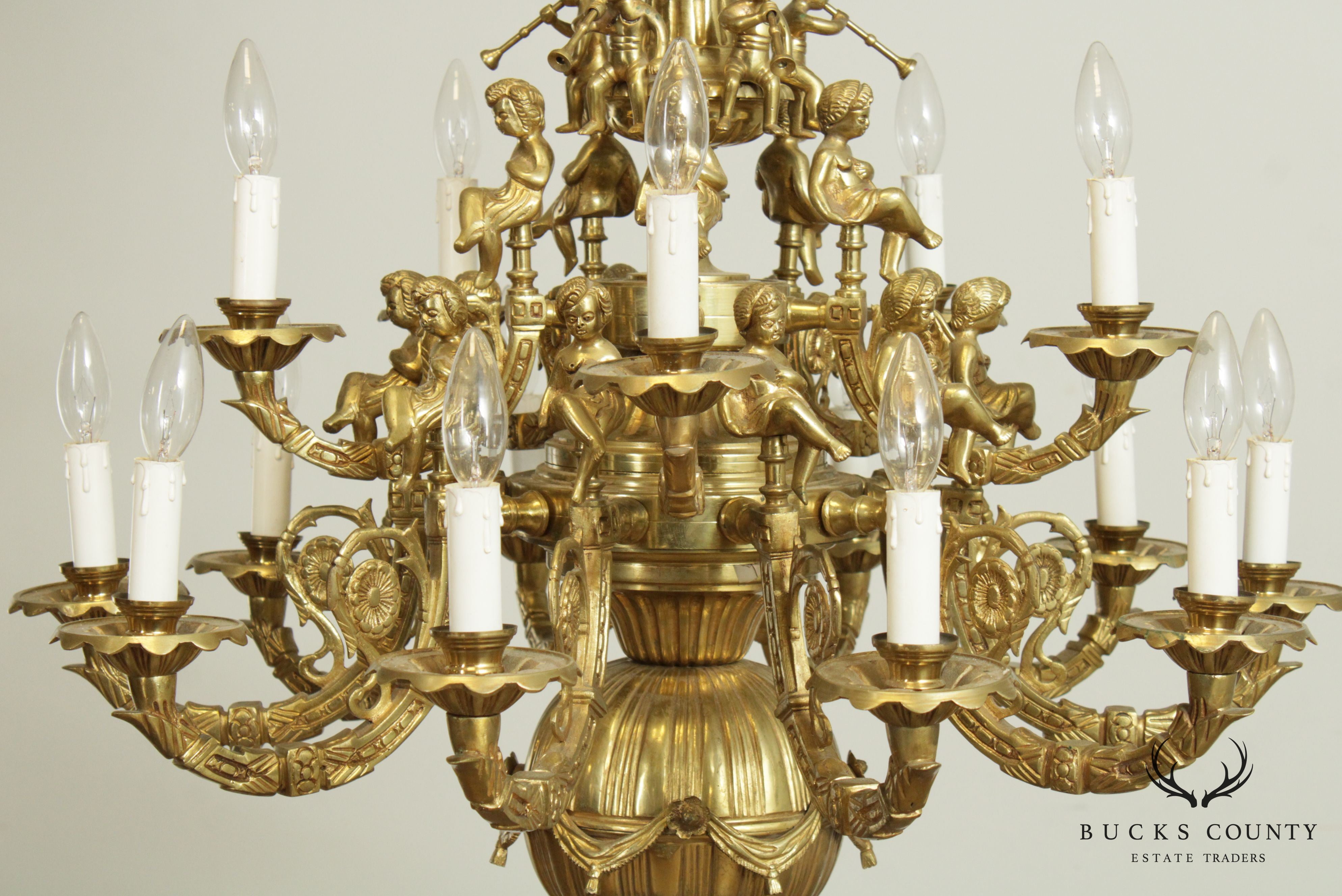 Vintage Rococo Style Heavy Brass  Figural Putti  Chandelier