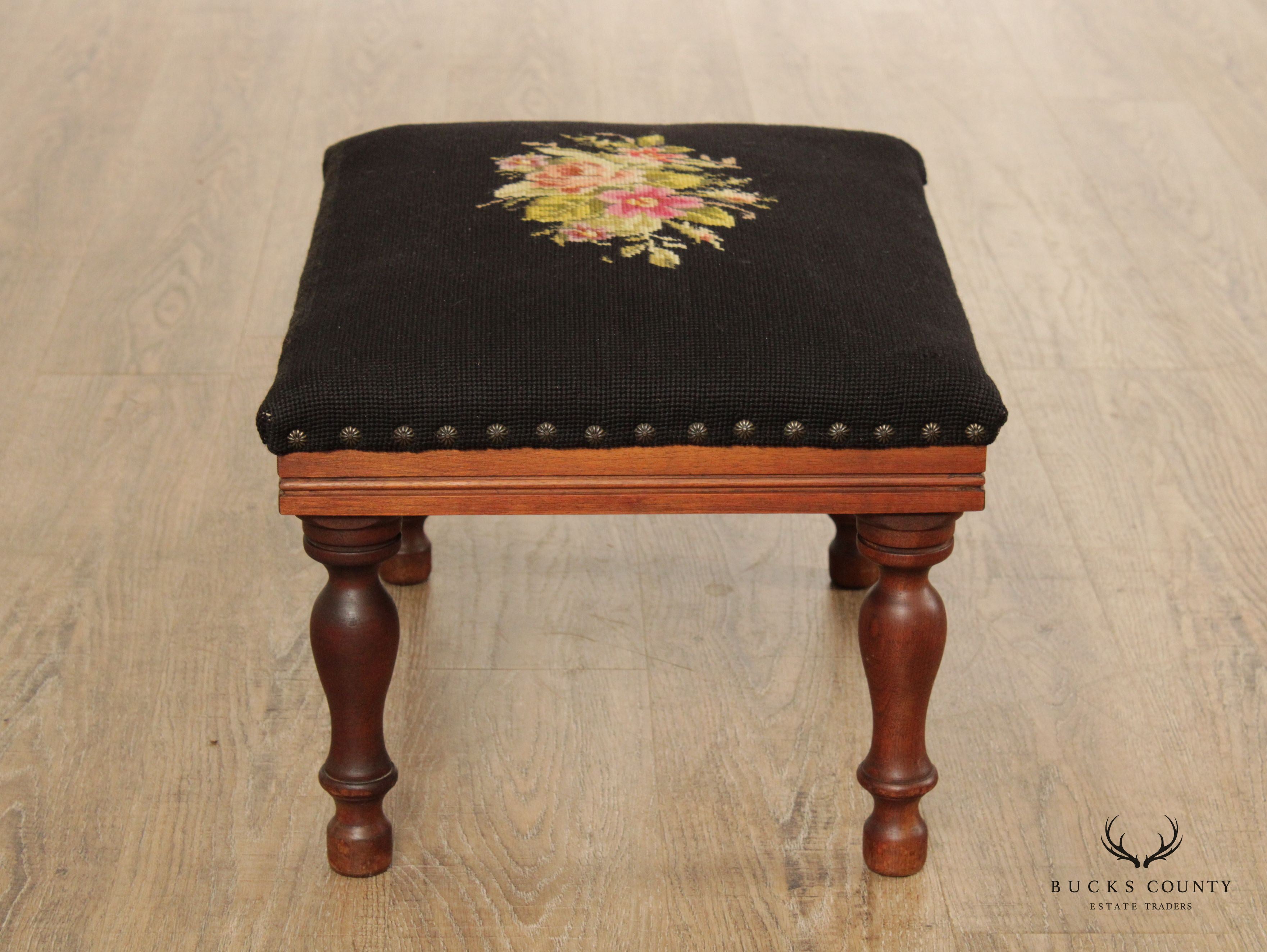 Antique Victorian Floral Needlepoint Foot Stool