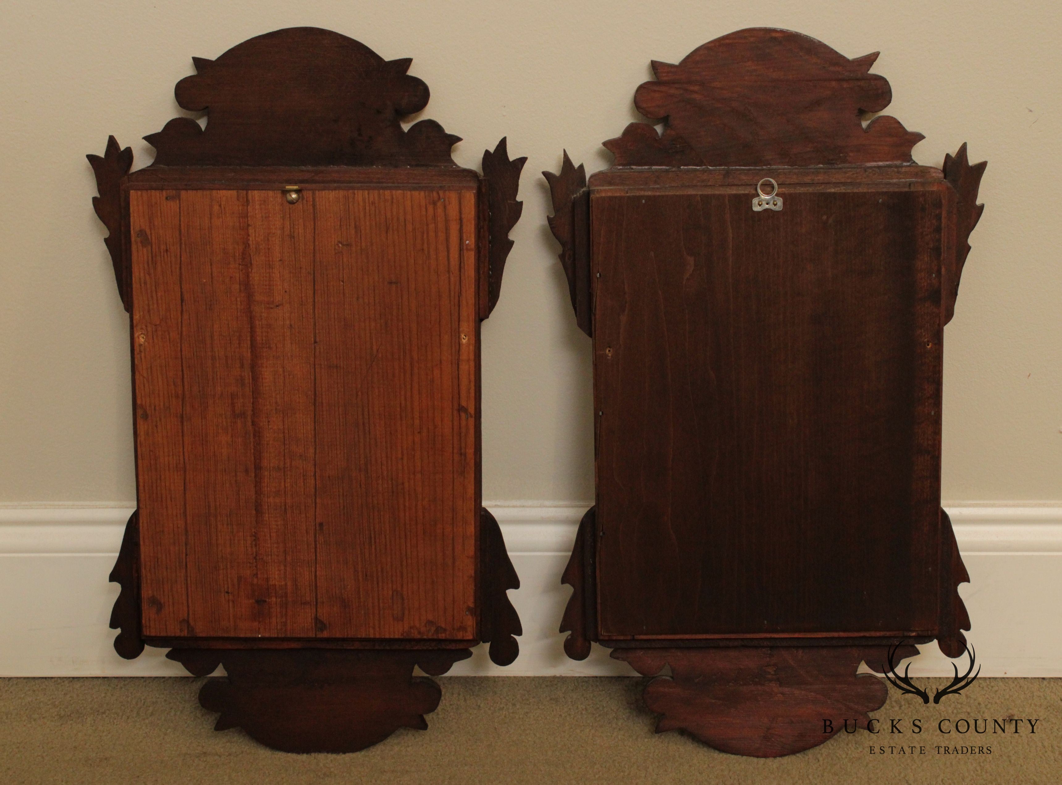 Chippendale Style Hand Crafted Mahogany & Burl Wood Pair Small Mirrors