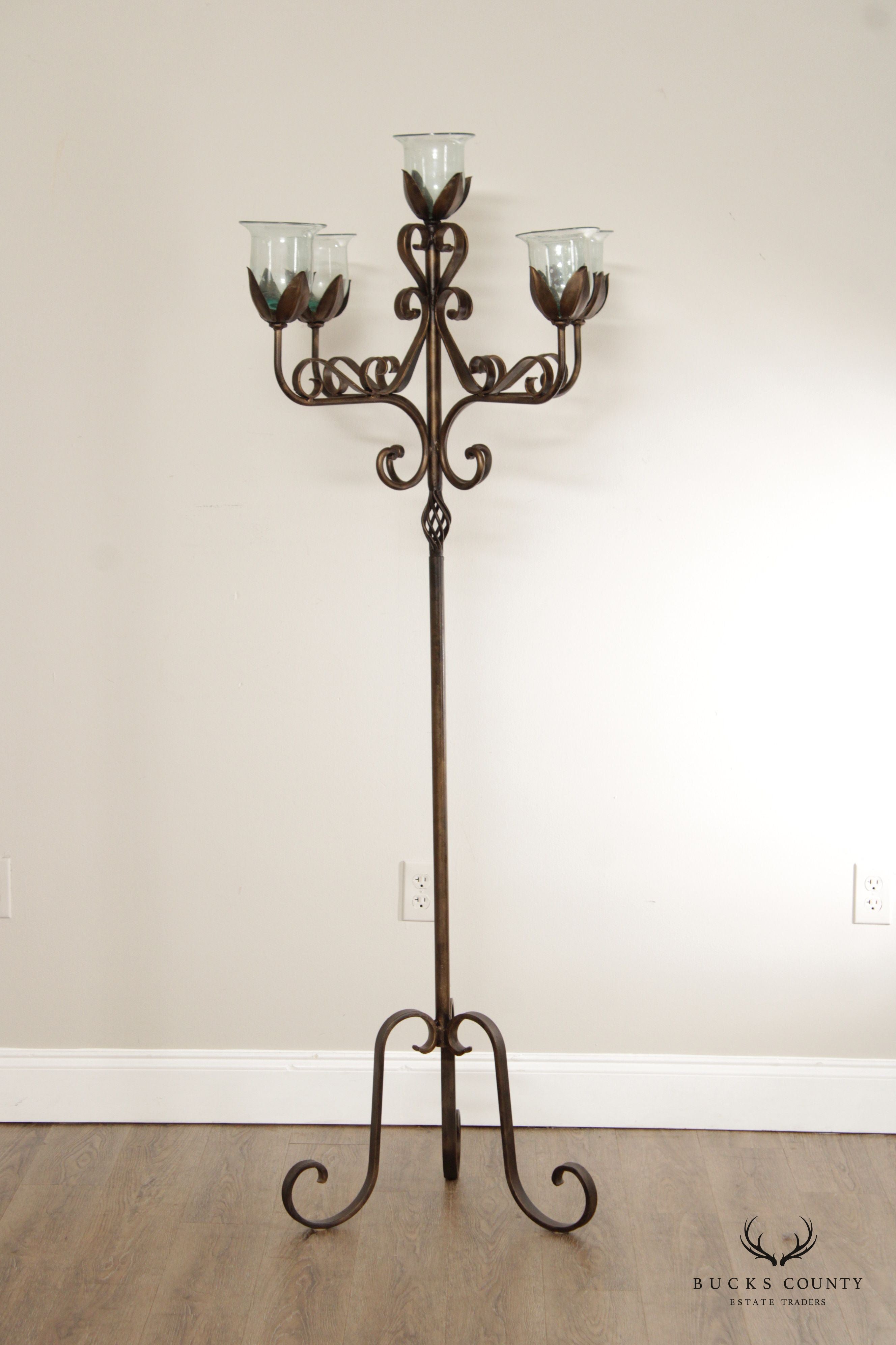 Wrought Iron Floor Candelabra With Glass Shades