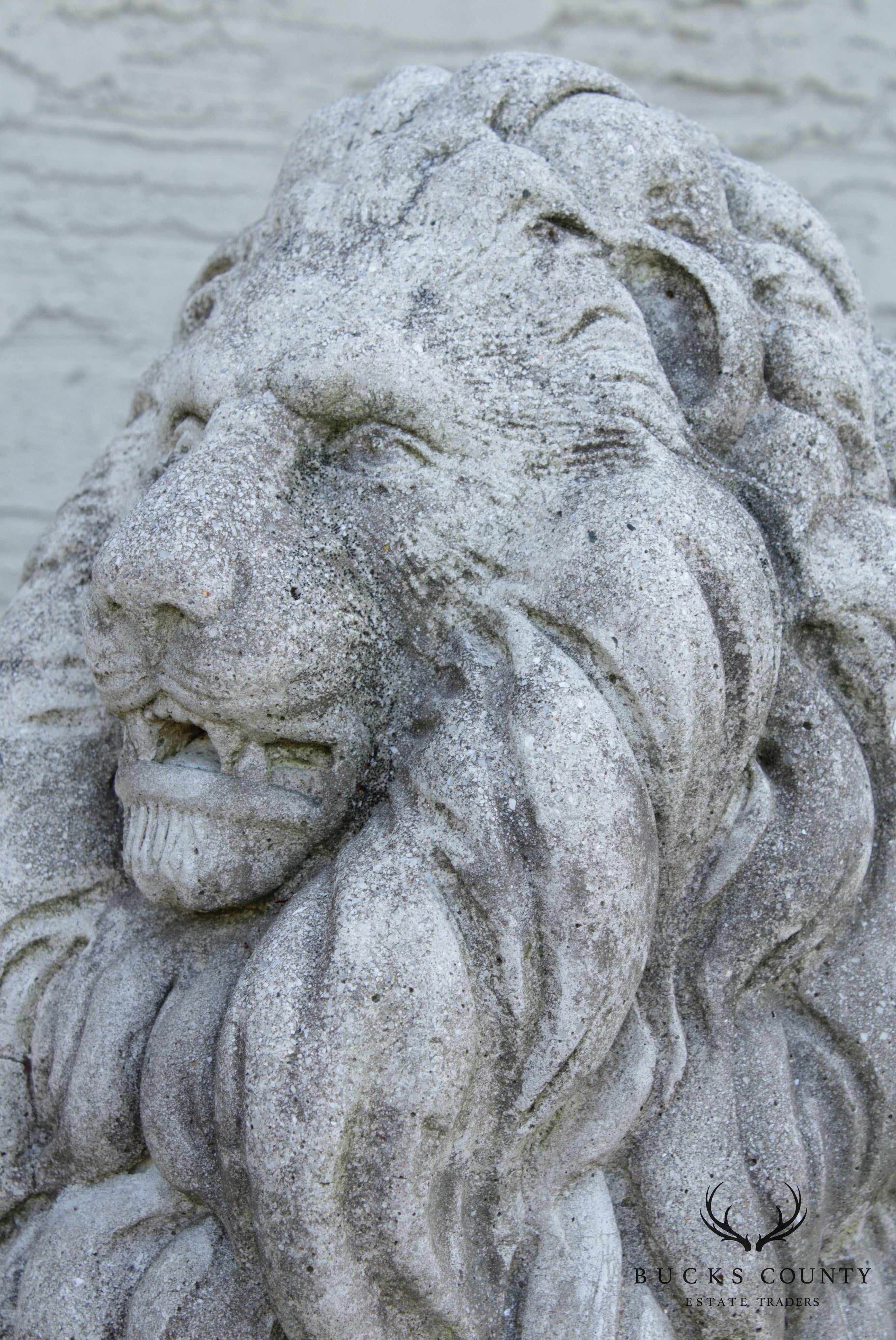 Vintage Pair Cast Stone Garden Lion Statues