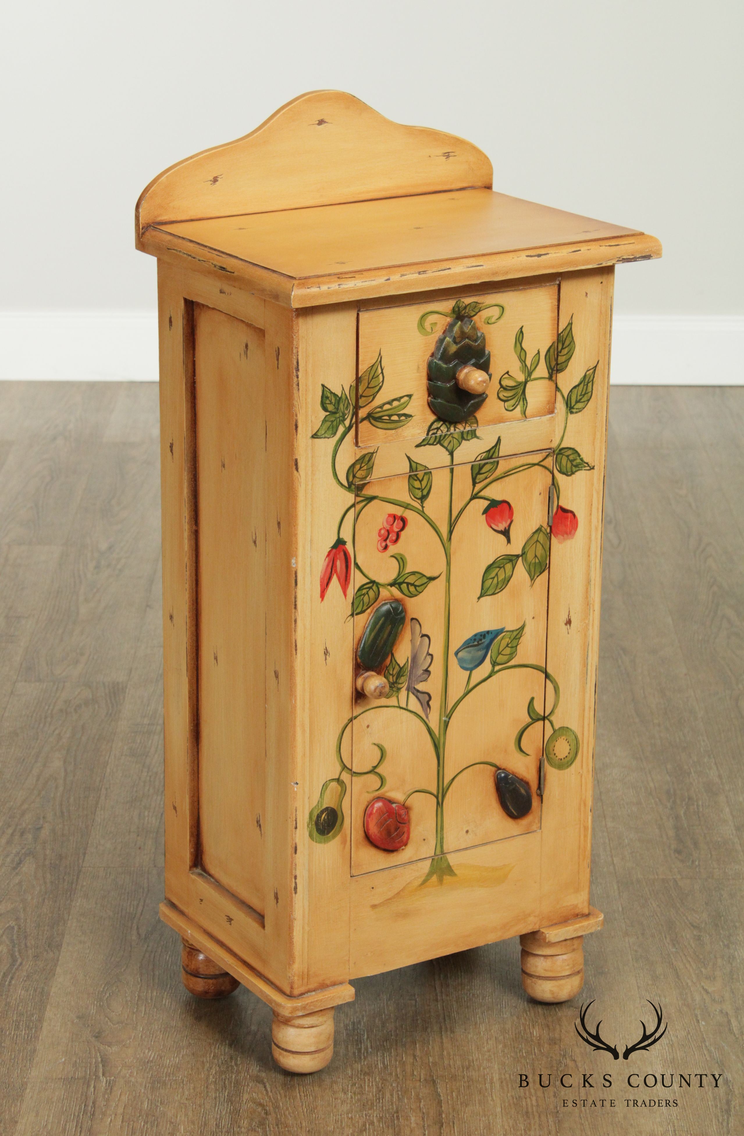 Country Folk Art Style Hand Painted Narrow Storage Cabinet