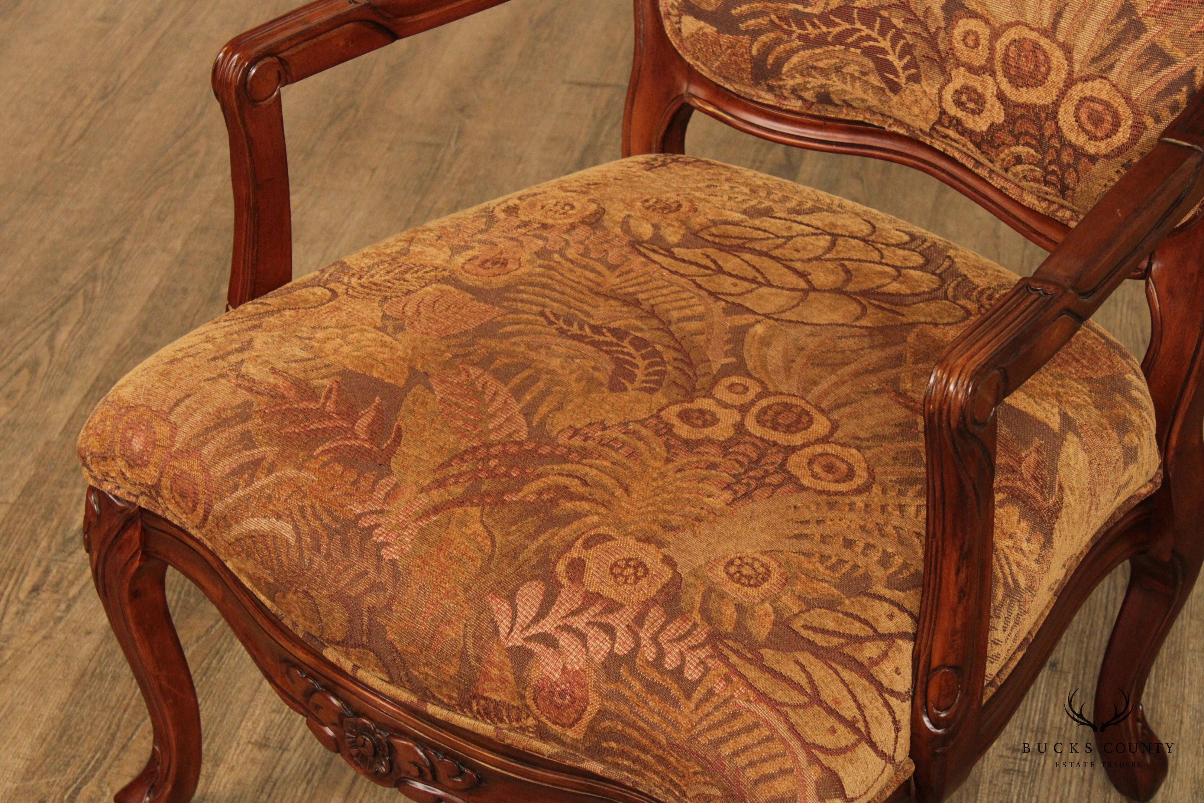 French Louis XV Style Pair of Carved Fruitwood Fauteuil Armchairs