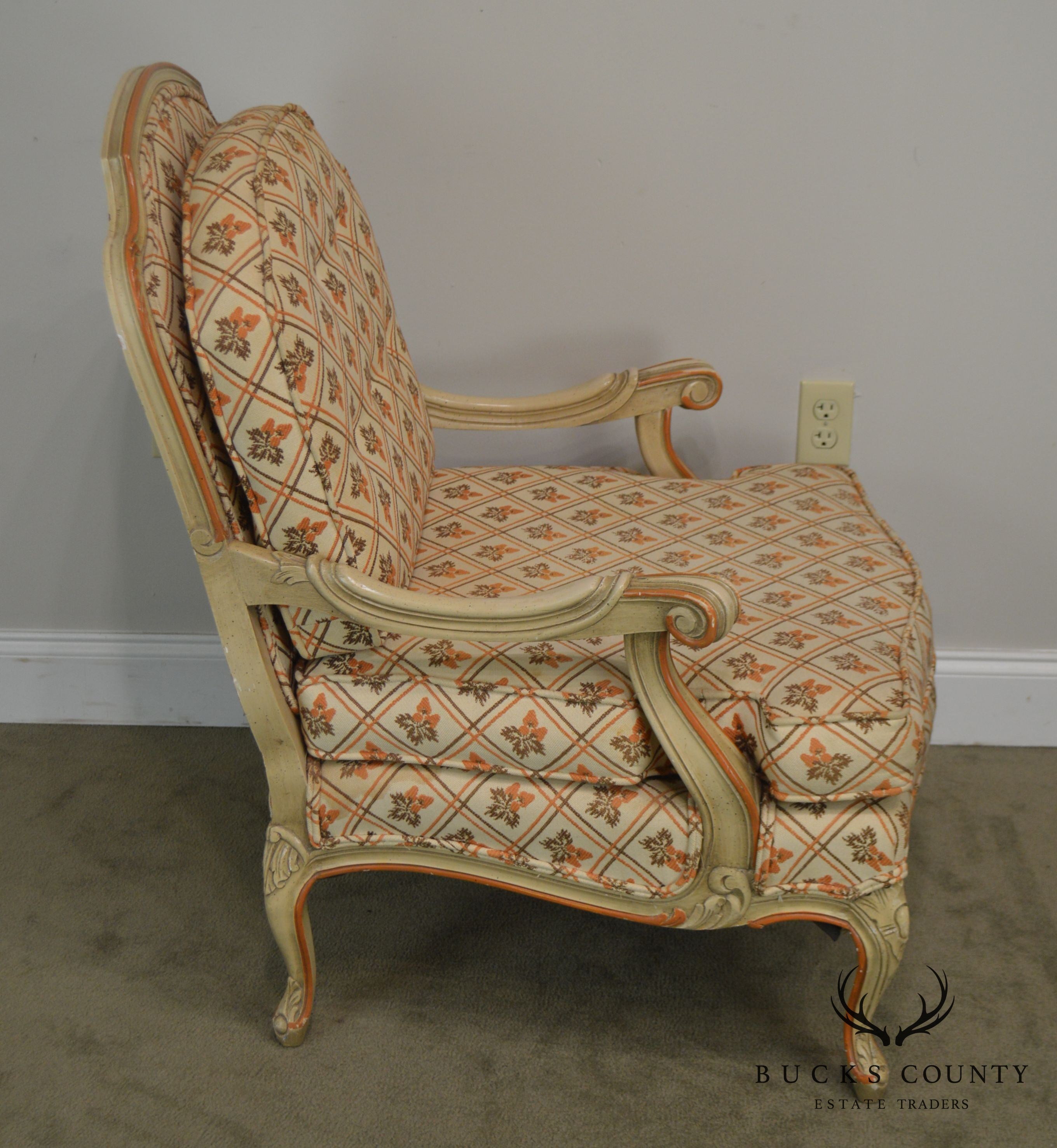 French Louis XV Style Vintage 1960's Paint Frame Bergere Chair with Ottoman