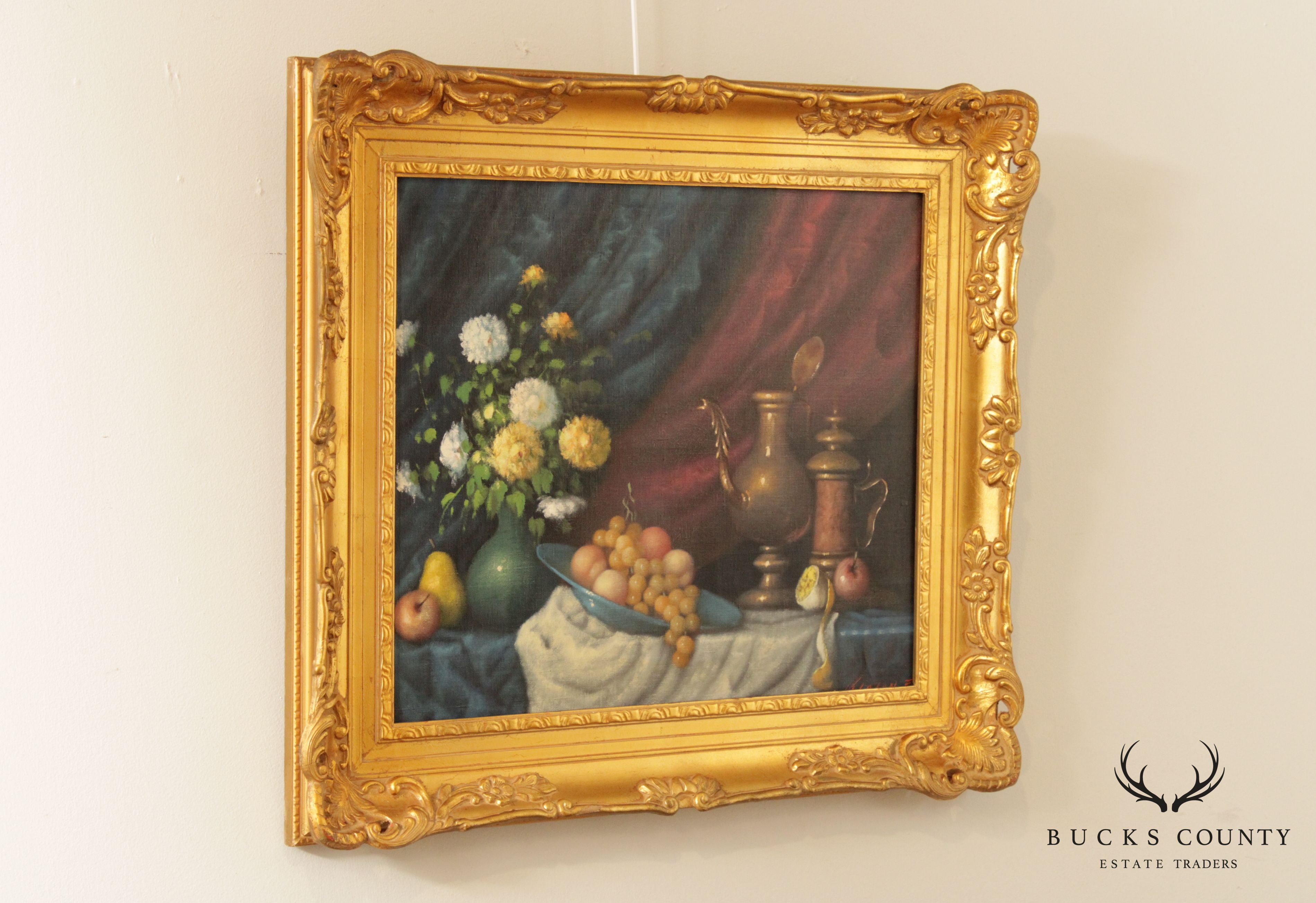 Custom Framed Floral and Fruit Still Life Oil Painting