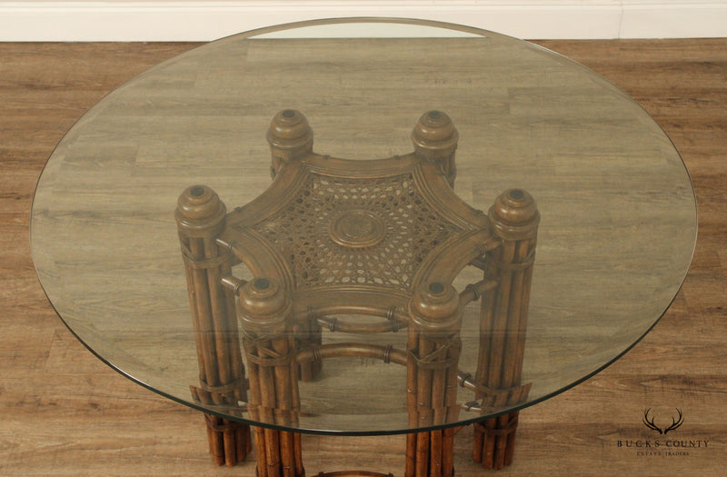 Drexel Heritage British Colonial Style Round Glass Top Bamboo Pedestal Dining Table