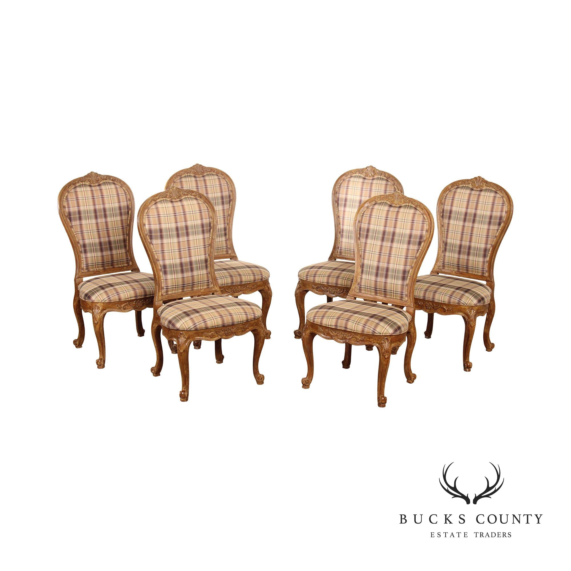 French Louis XV Style Set Six Plaid Upholstered Dining Chairs