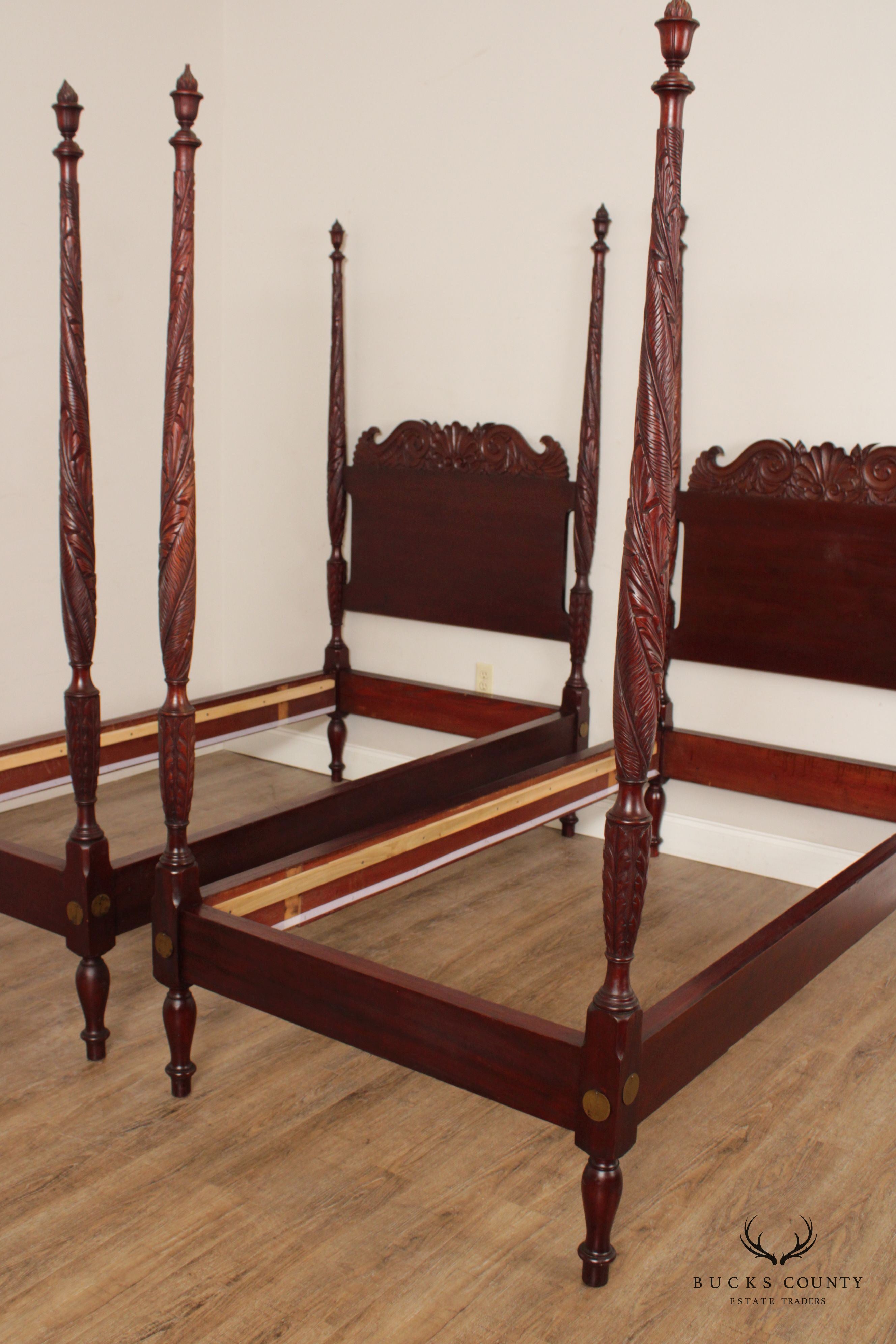 Antique American Mahogany Carved Pair Poster Beds