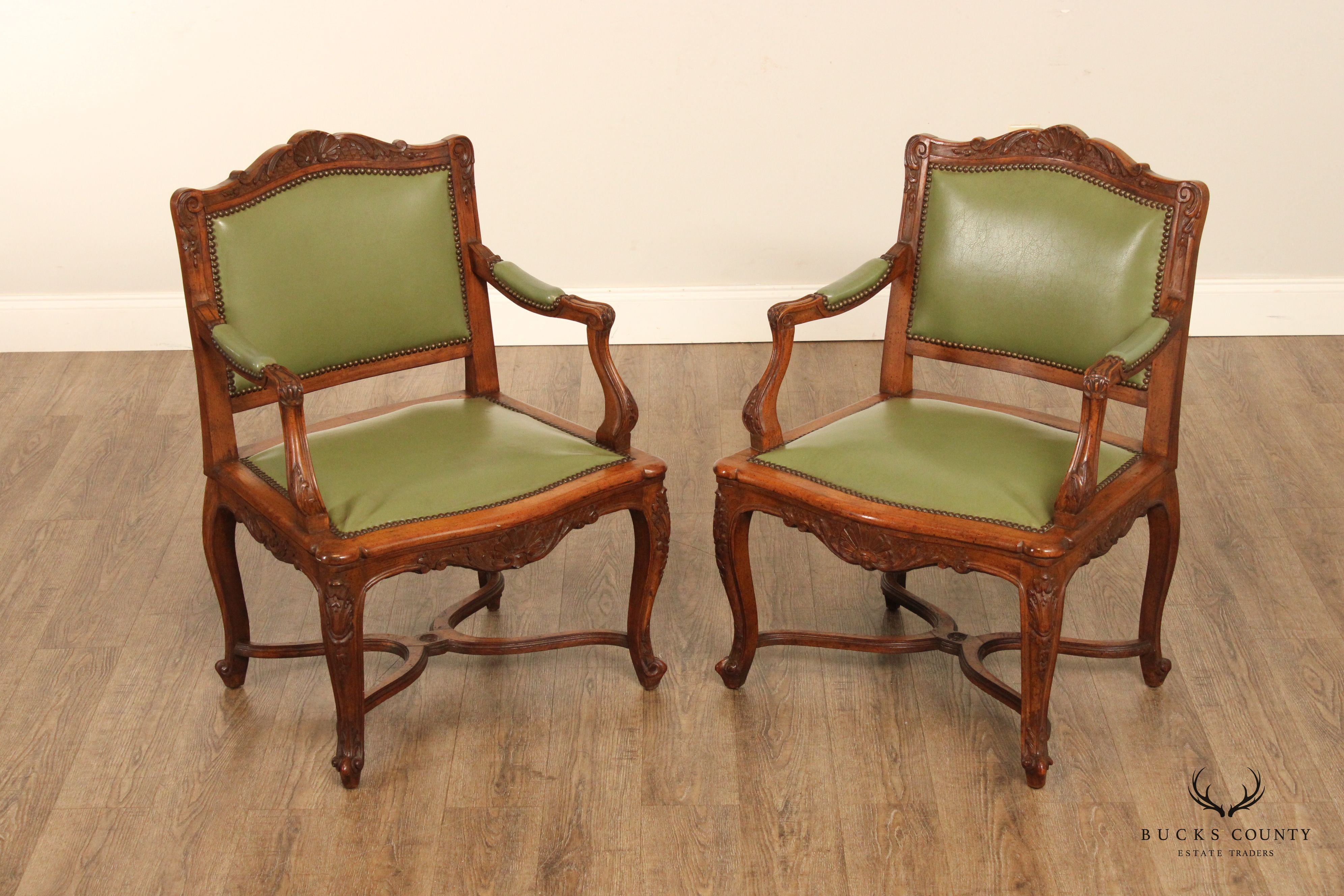 French Louis XV Style Vintage Pair of Carved Walnut Wide-Seat Fauteuil Armchairs