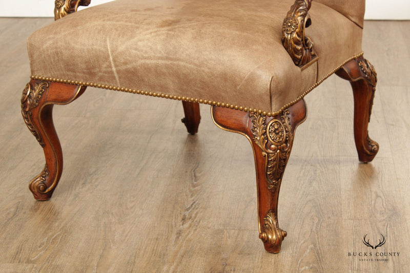 Italian Rococo Style Leather and Partial Gilt Armchair