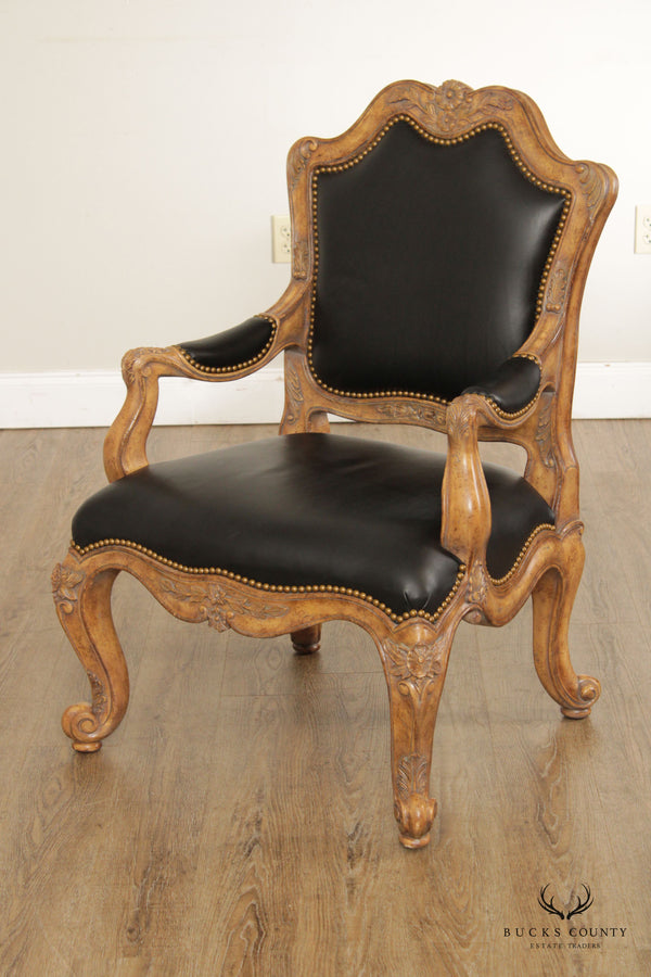 Maitland Smith Louis XV Style Carved Wood and Black Leather Armchair
