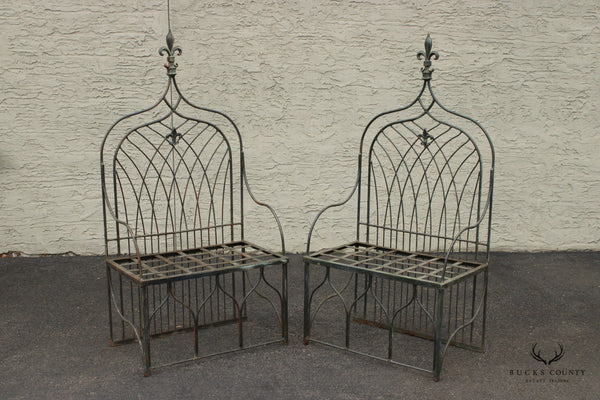 Gothic Revival Vintage Pair Of Wrought Iron Garden Benches