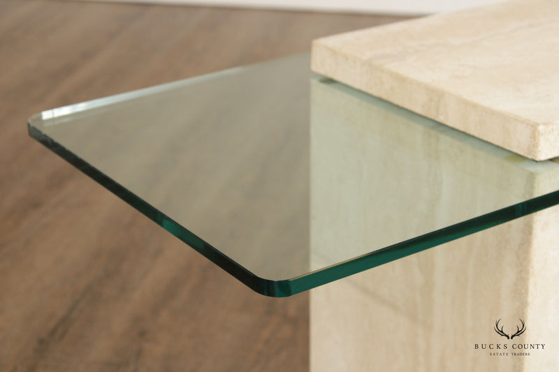 Post Modern Cantilevered Glass and Travertine Side Table