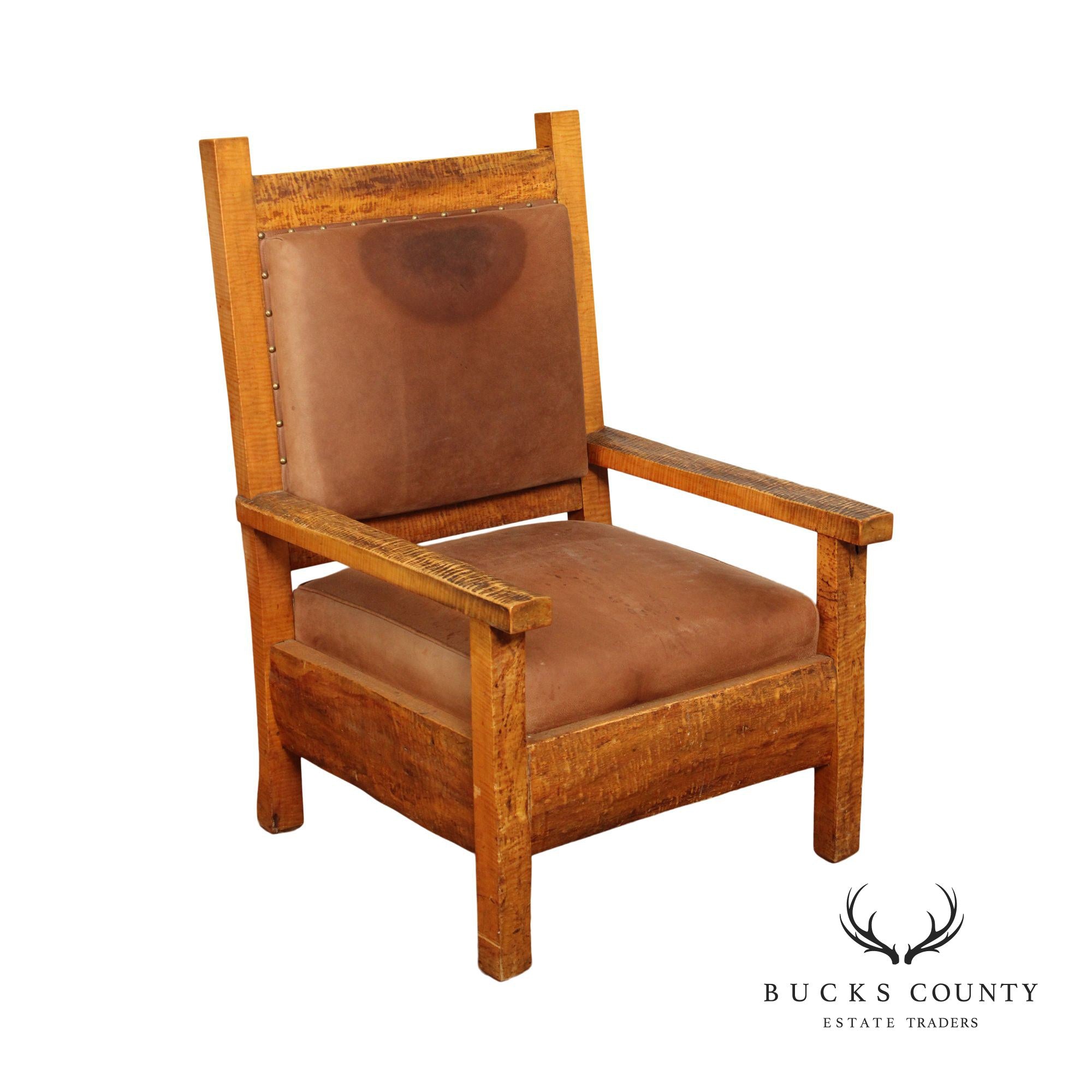 ANTIQUE ADIRONDACK MISSION STYLE TIGER MAPLE ARMCHAIR