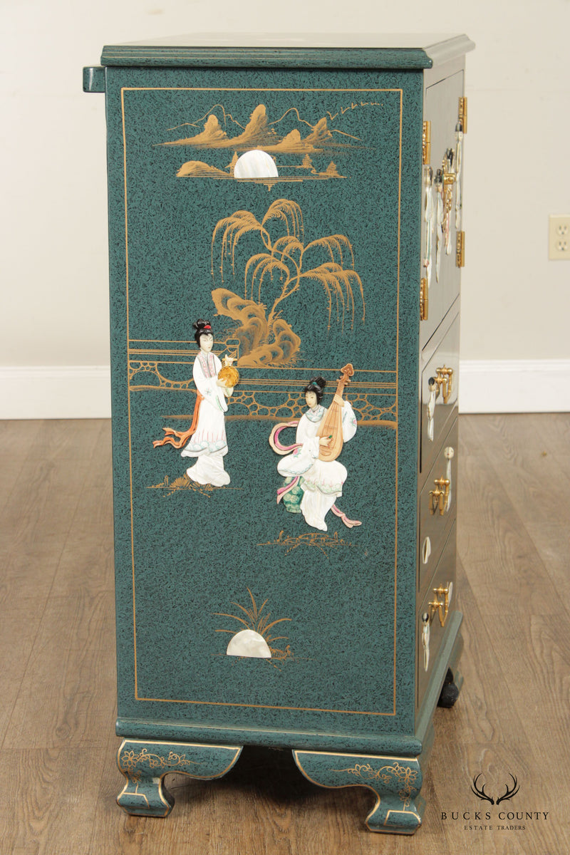 Asian Green Chinoiserie Lacquered Jewelry Cabinet