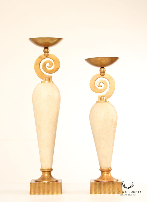 Post Modern Contemporary Pair of Brass and Ceramic Candle Holders