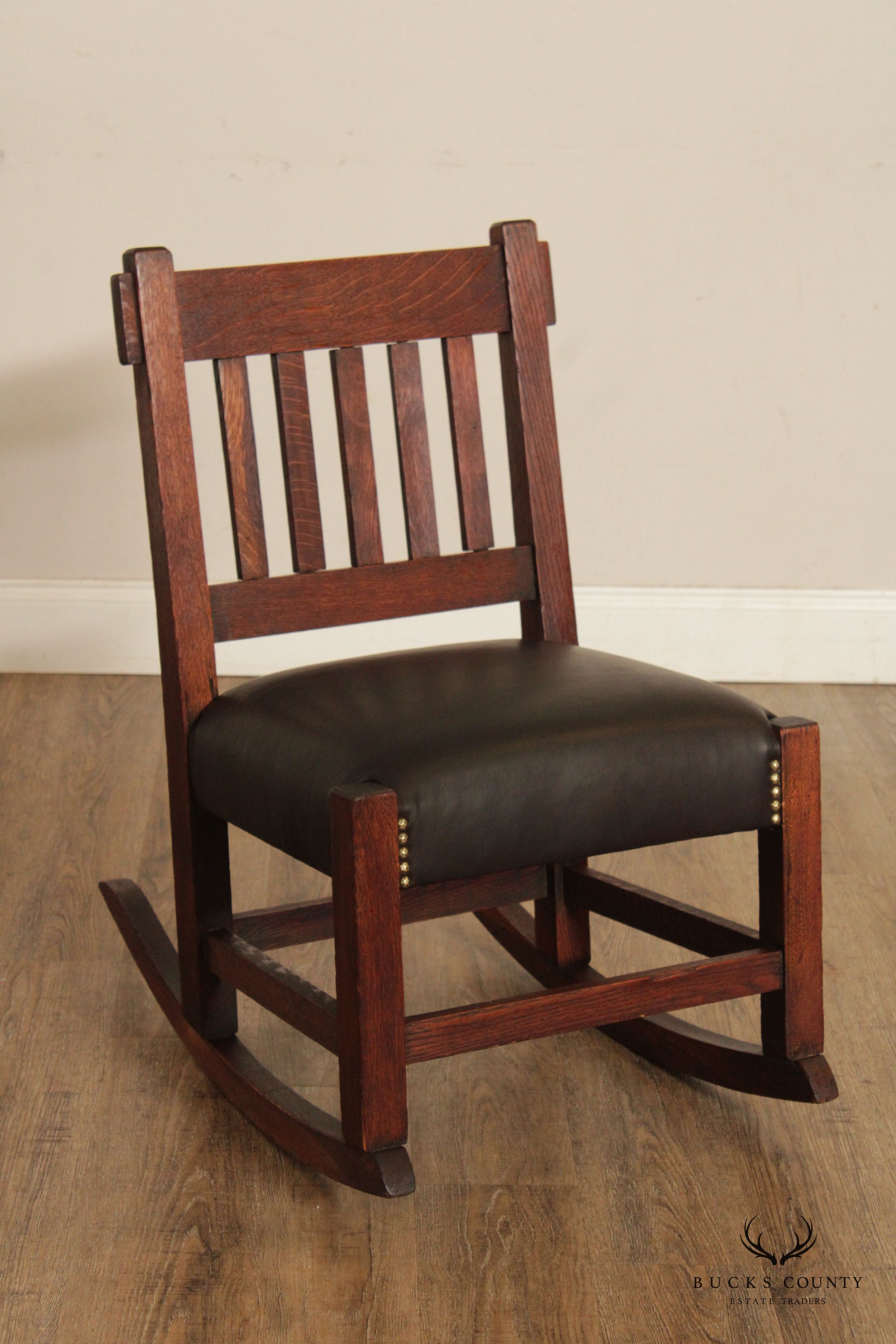 Antique Mission Oak And Leather Armless Rocker