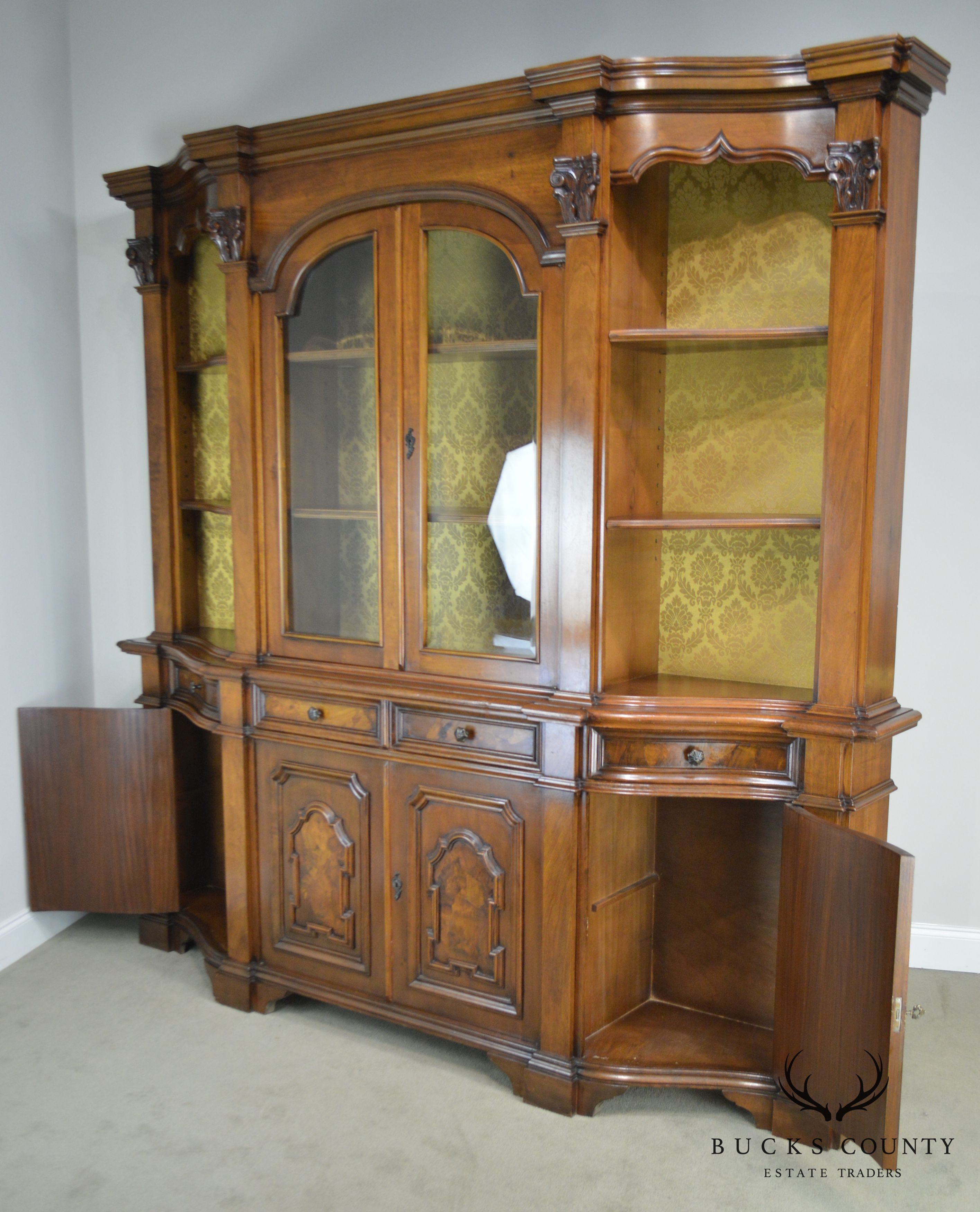 Italian Walnut Vintage 1960's Large Walnut Bookcase Breakfront