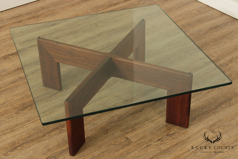 Mid Century Modern Walnut Base Glass Top Coffee Table
