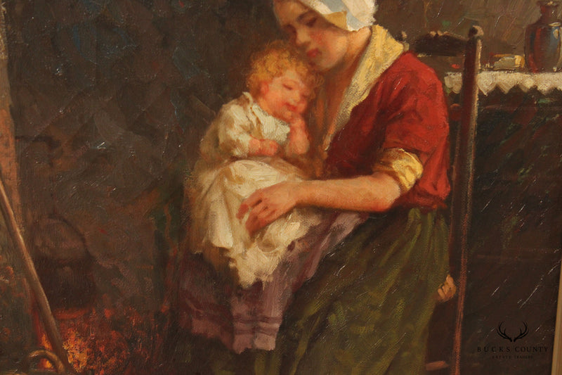 Early 20th C. Dutch Mother and Child Original Oil Painting by F. G. Grust