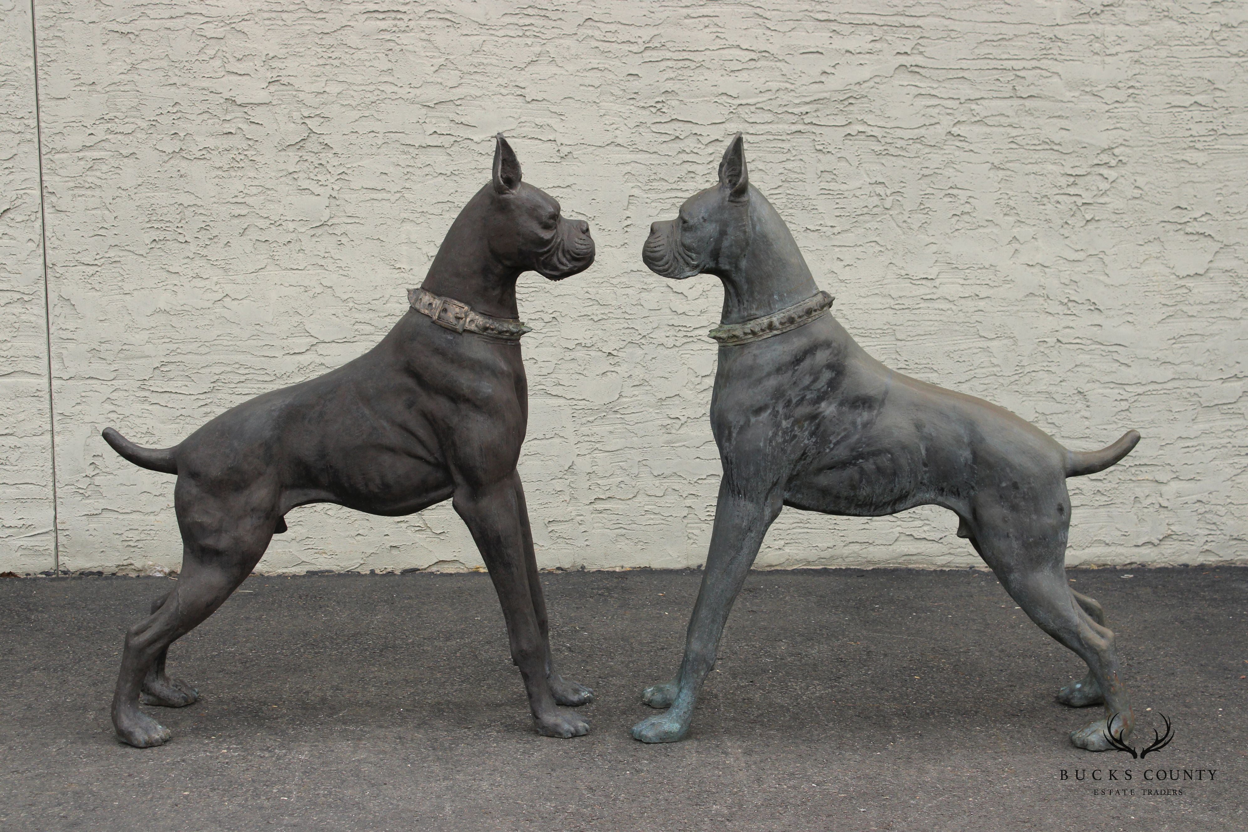 Large Pair of Patinated Bronze Boxer Dogs Garden Statues