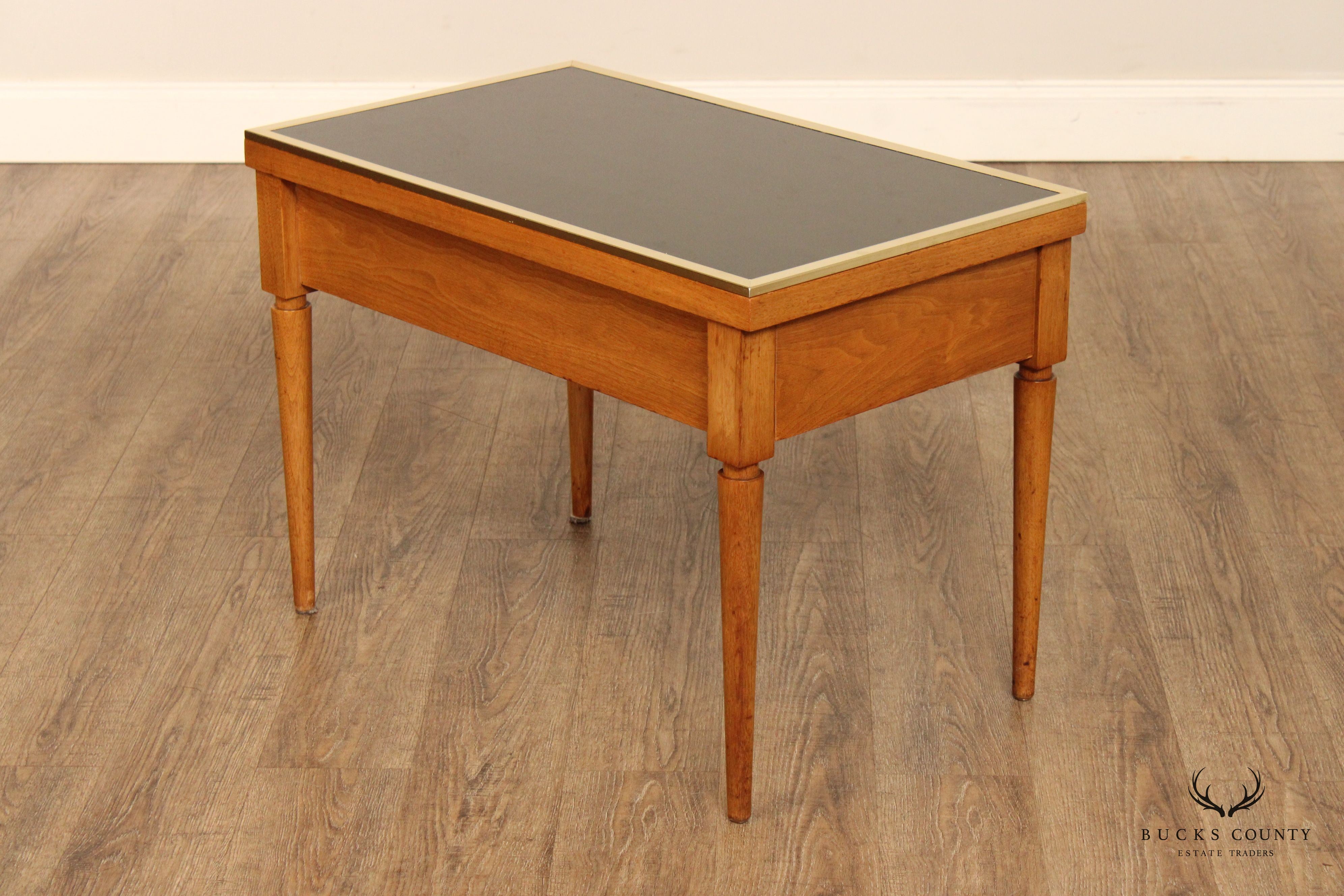 Mid Century Modern Directoire Style Pair of Black Glass Top Fruitwood Side Tables