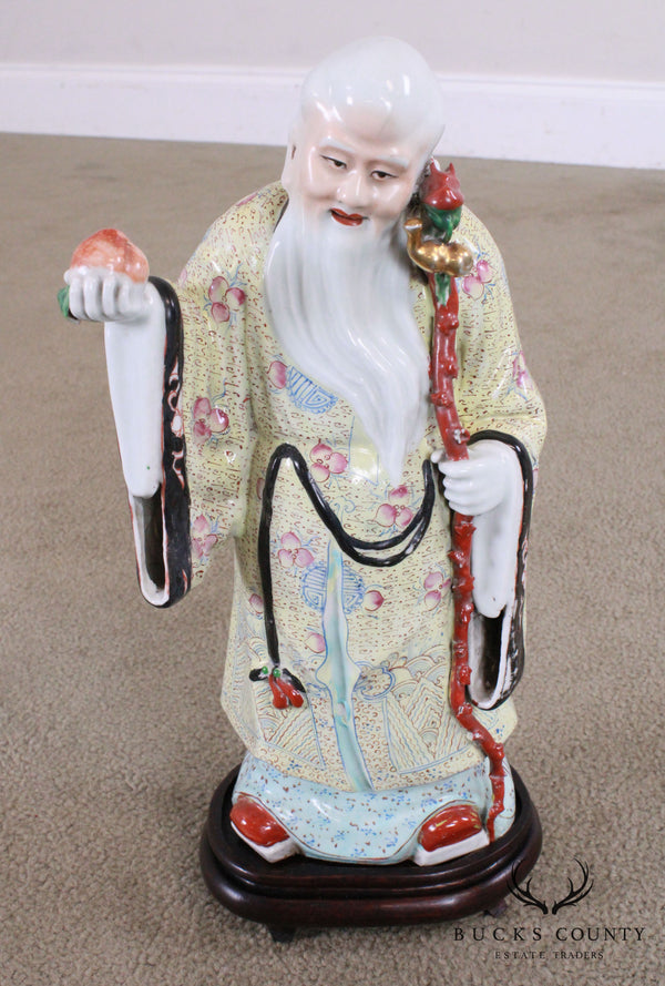 Porcelain Figure Shouxing Chinese God of Longevity Wood Base