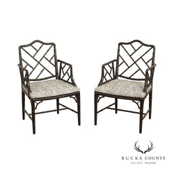 Chinese Chippendale Style Pair Faux Bamboo Carved Armchairs