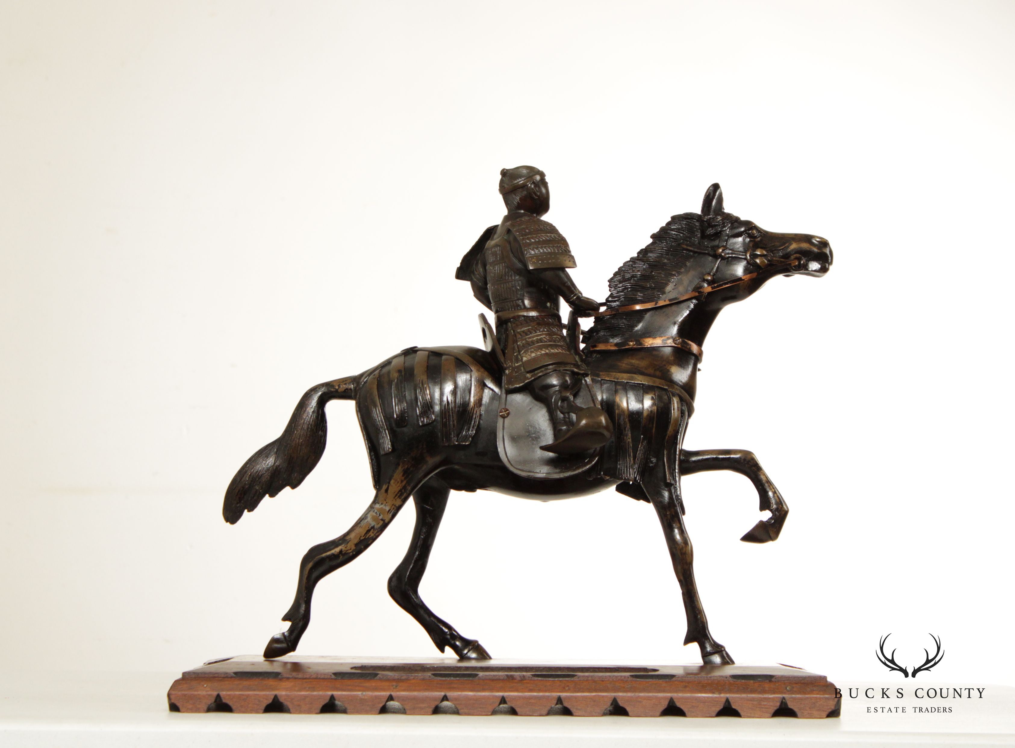 Antique Japanese Samurai Warrior on Horse Bronze Sculpture