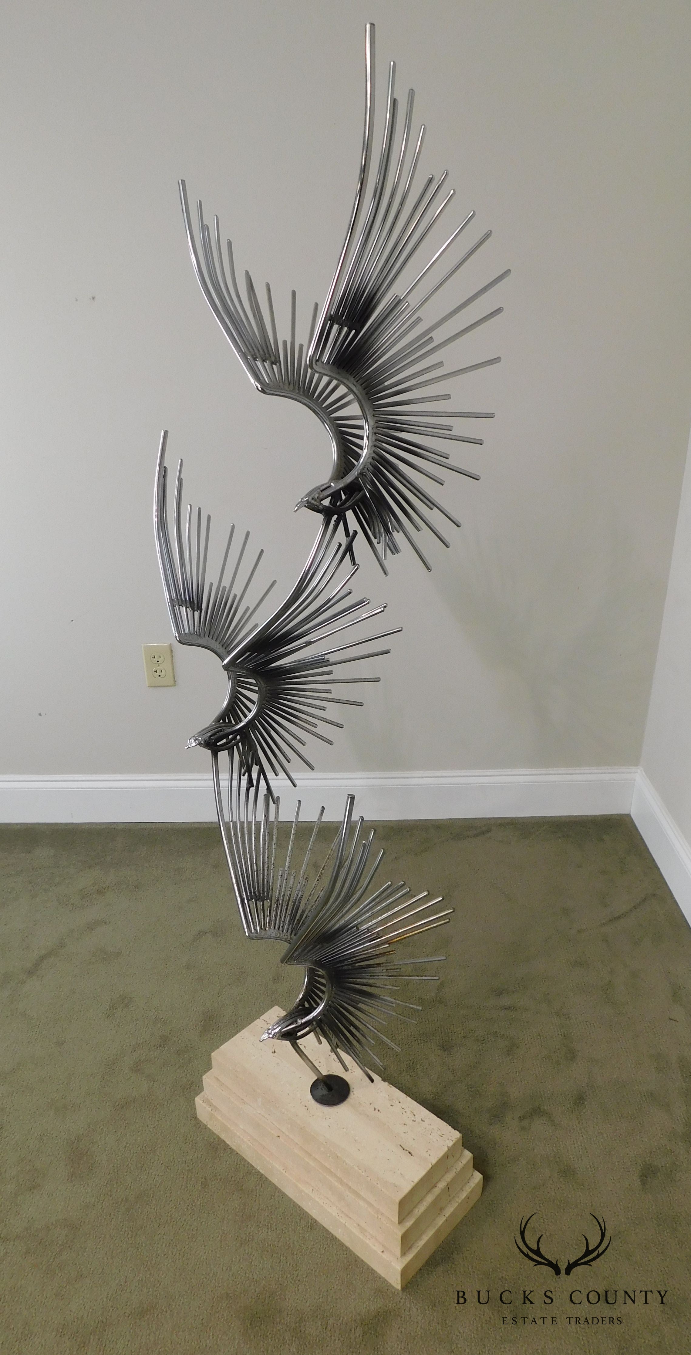 Curtis Jere "Birds in Flight" Pair Large Metal Sculptures on Travertine Bases