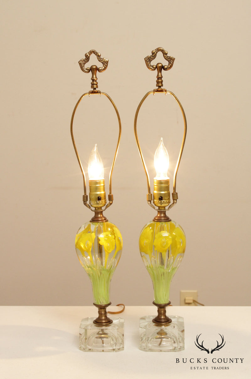 Vintage Floral Art Glass Pair of Table Lamps