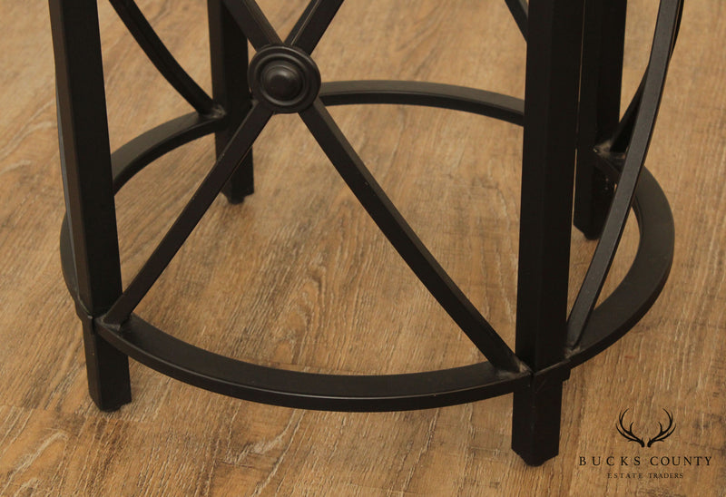 Round Iron and Burled Wood Pair Side Tables