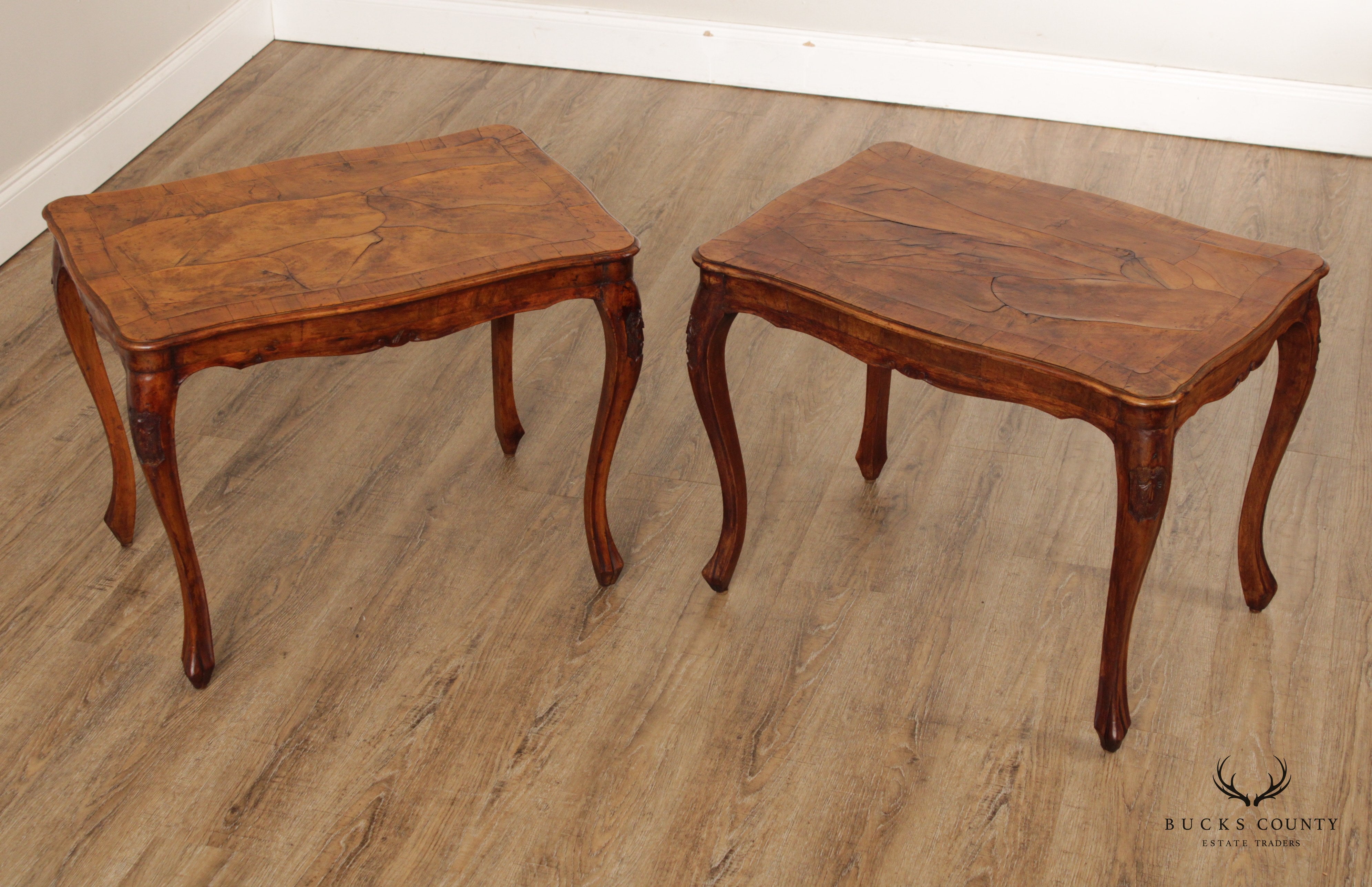 Italian Provincial Antique Walnut & Oyster Wood End Tables