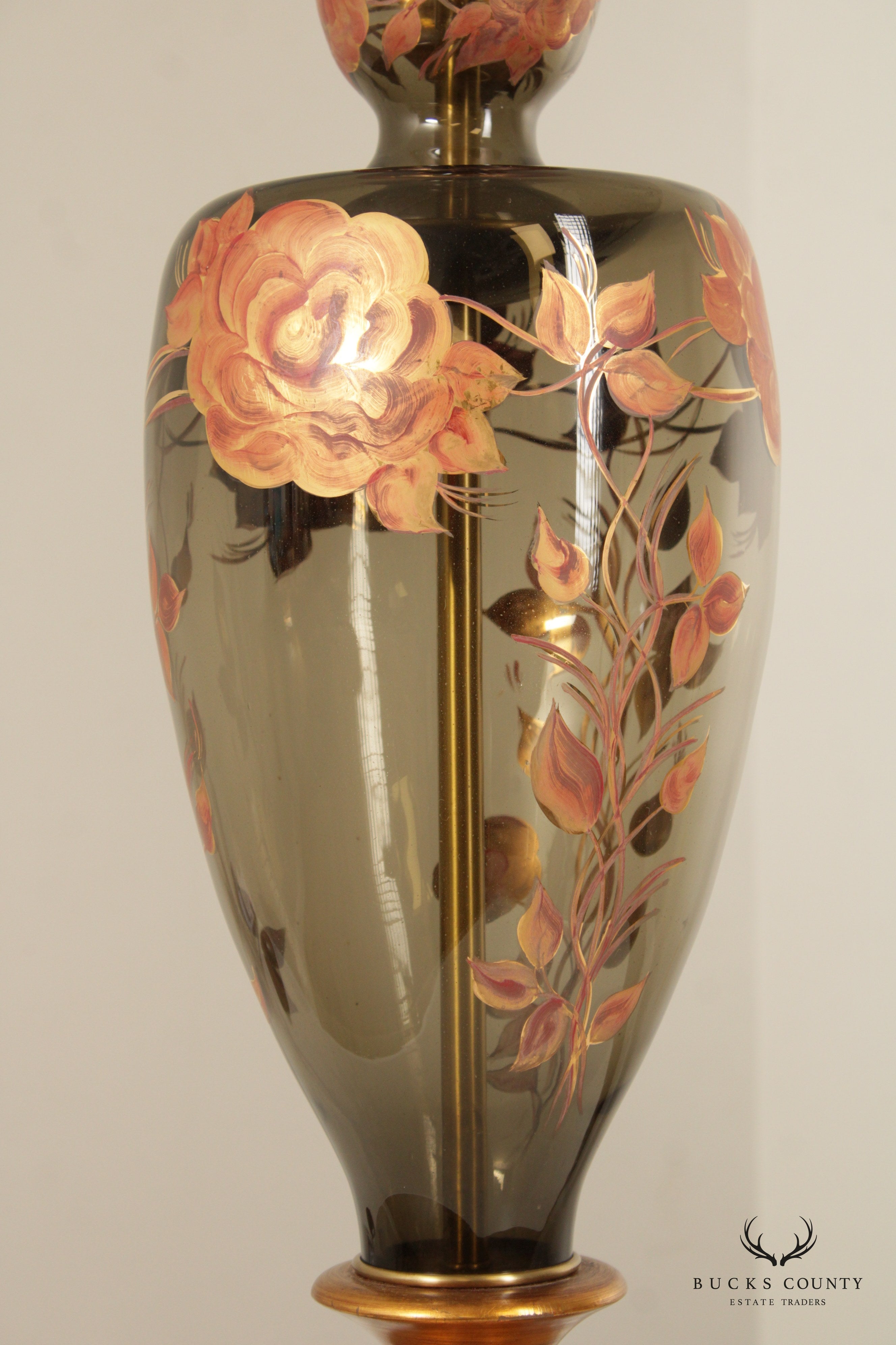 Murano Hollywood Regency Floral Hand-Painted Glass Tall Table Lamp