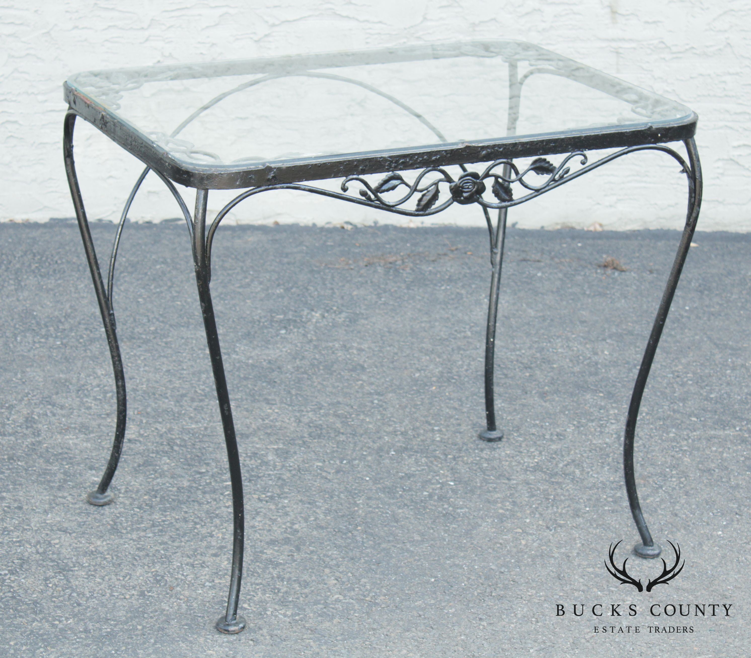 Woodard Chantilly Rose Vintage Wrought Iron Glass Top Patio, Garden Table