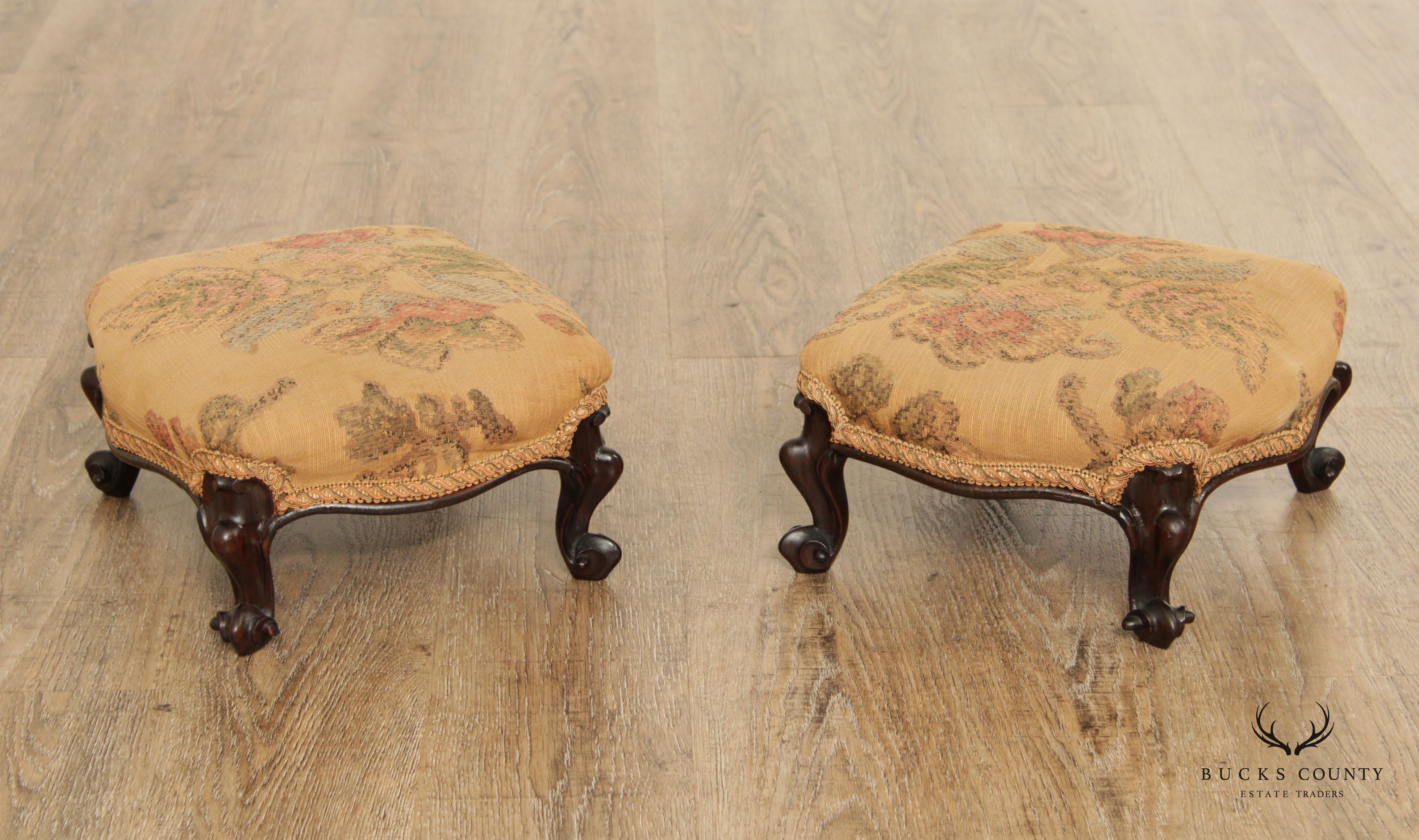 Antique Victorian Carved Rosewood Pair Custom Upholstered Footstools