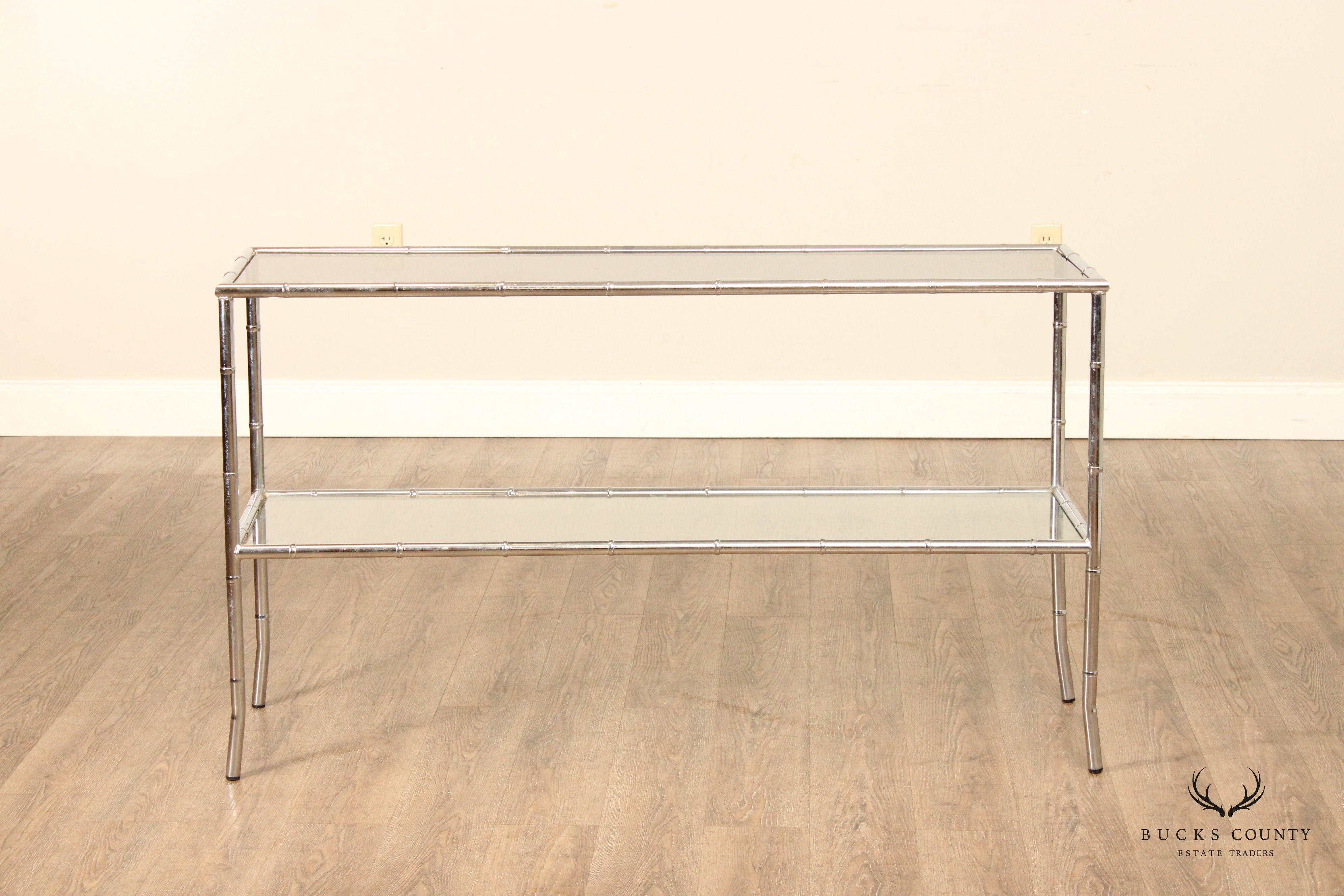 Hollywood Regency Faux Bamboo Chromed Glass Console Table