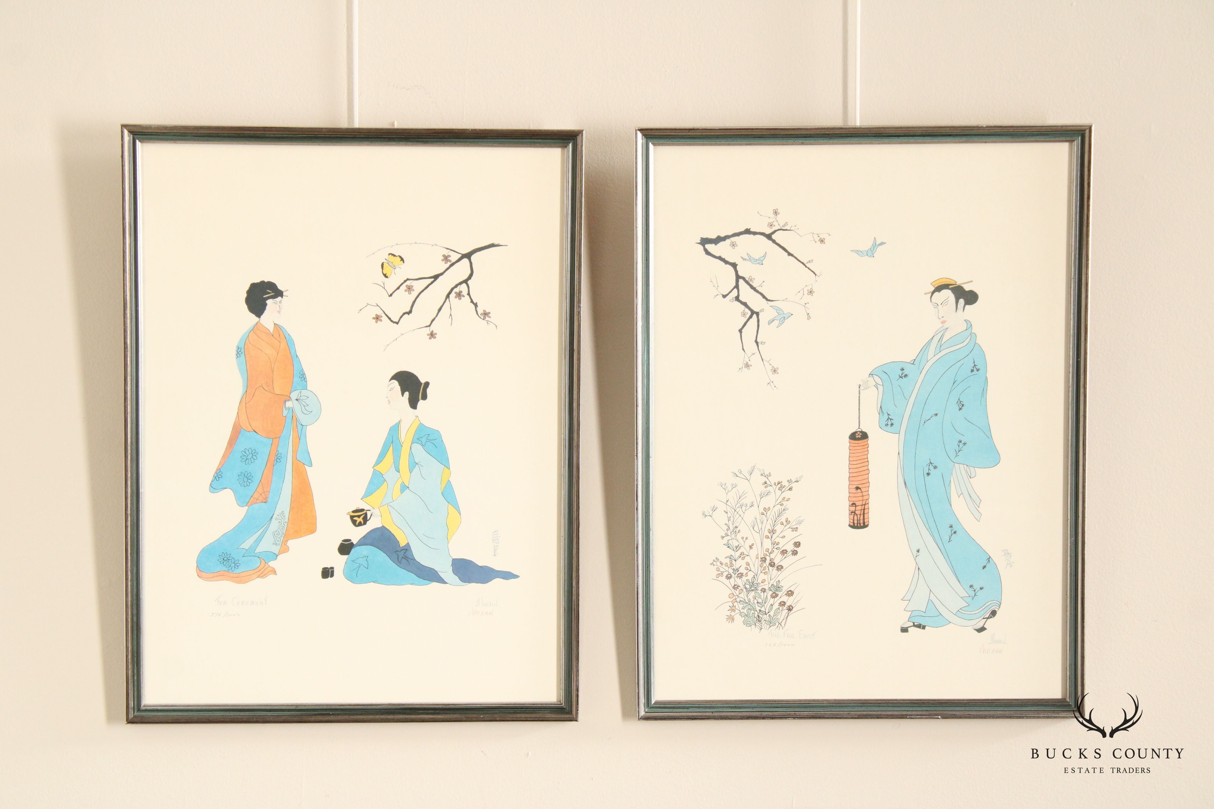 Japanese Traditional Pair of Framed Prints, Signed