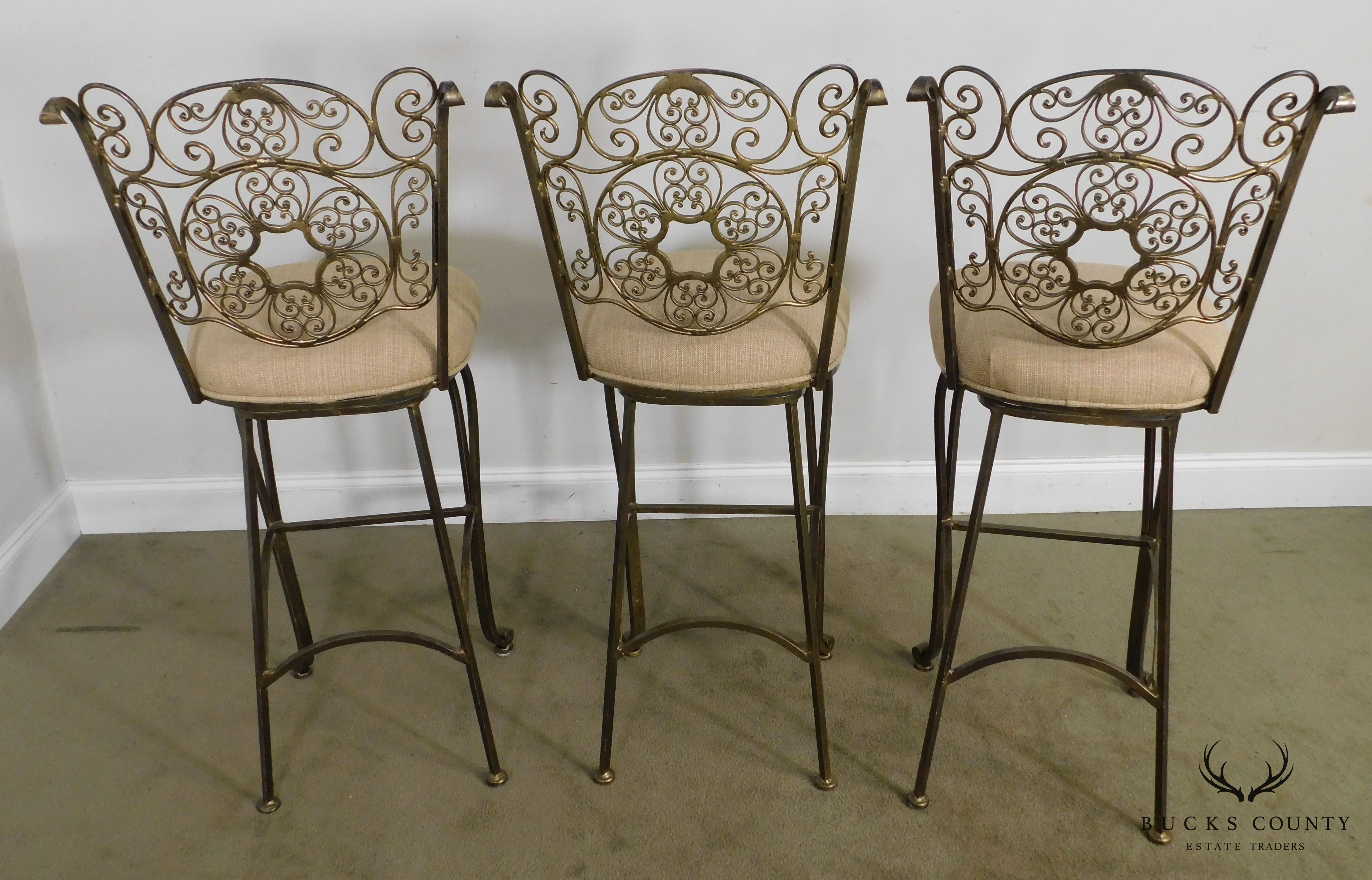 Quality Set 3 Scrolled Wrought Iron Swivel Barstools