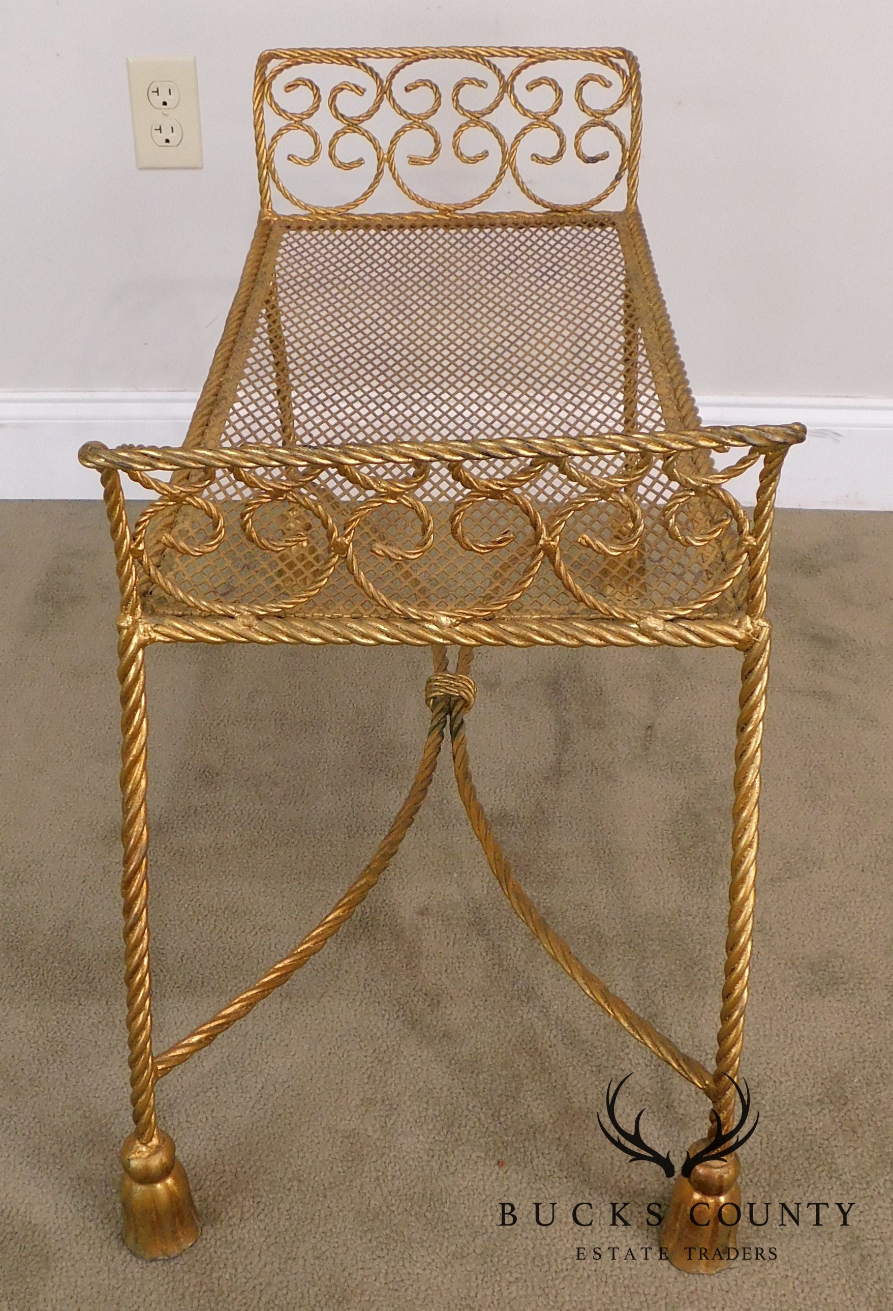 Hollywood Regency Vintage 1960's Italian Gilt Metal Pair Rope & Tassel Benches