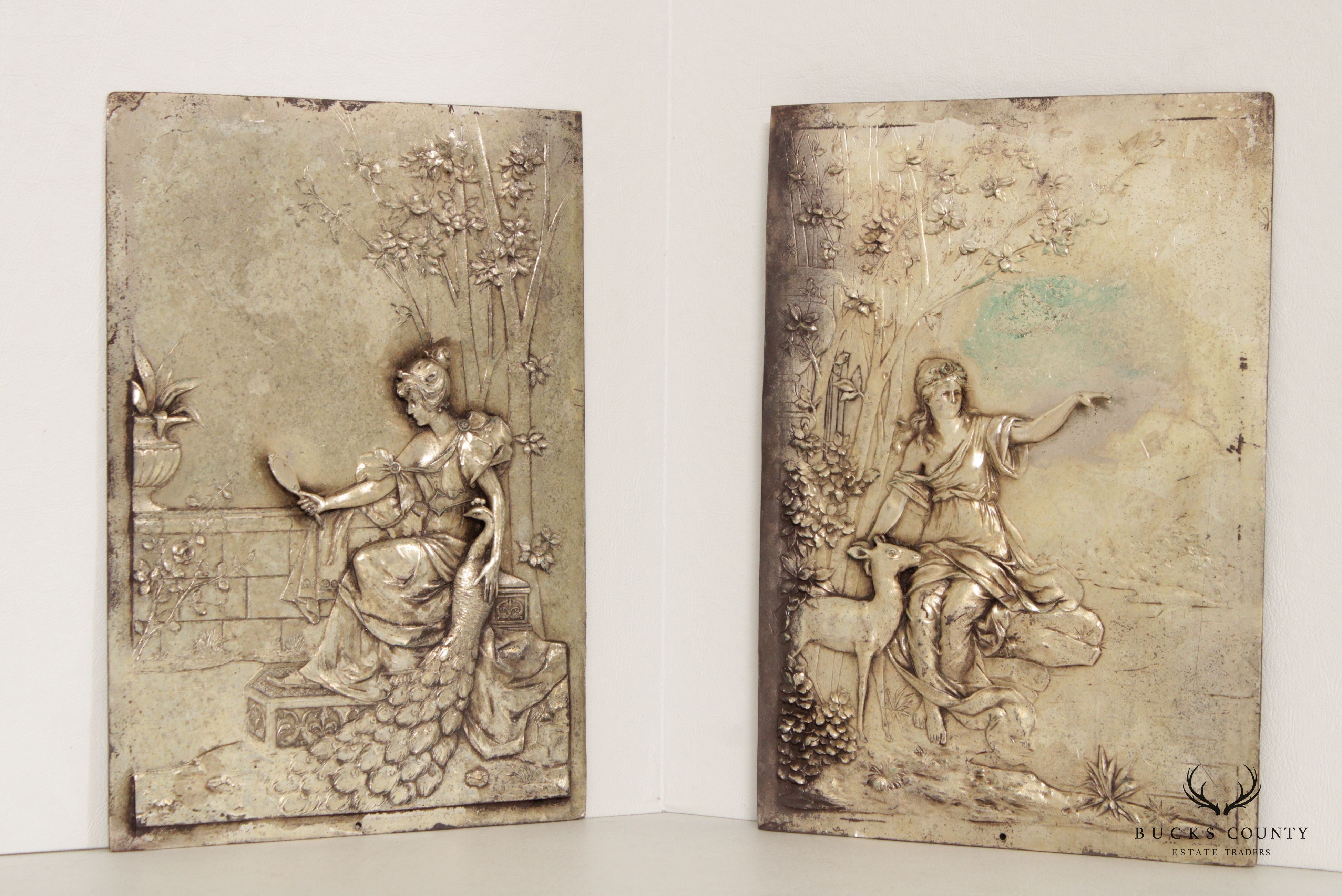 Renaissance Revival Style Pair of Silver Plated Metal Relief Plaques