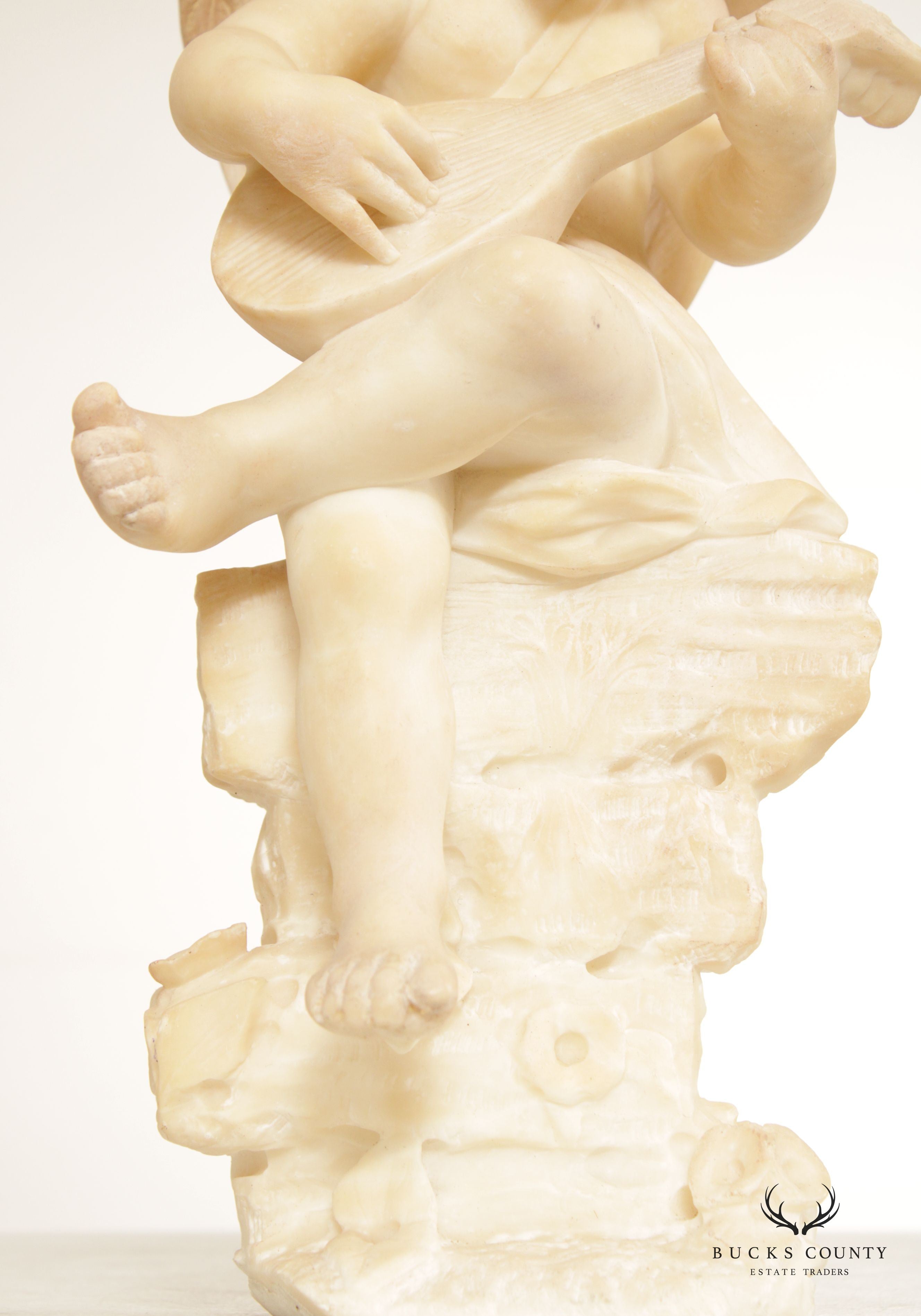 Antique Renaissance Revival Alabaster Carved Cherub Statue