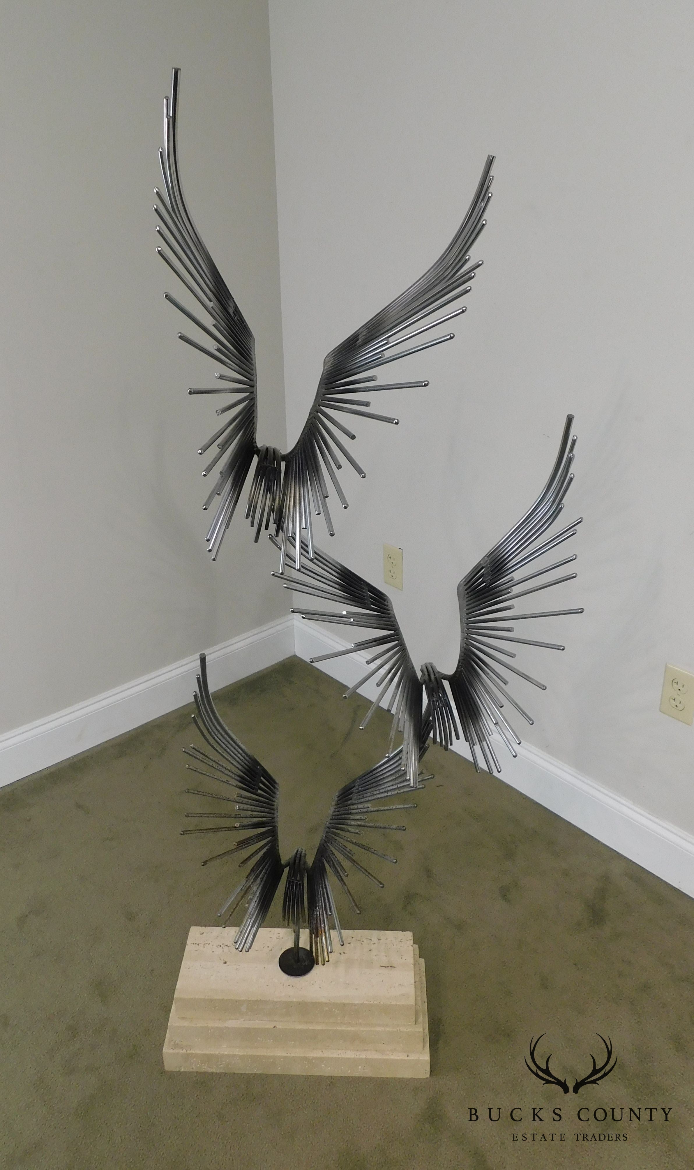 Curtis Jere "Birds in Flight" Pair Large Metal Sculptures on Travertine Bases